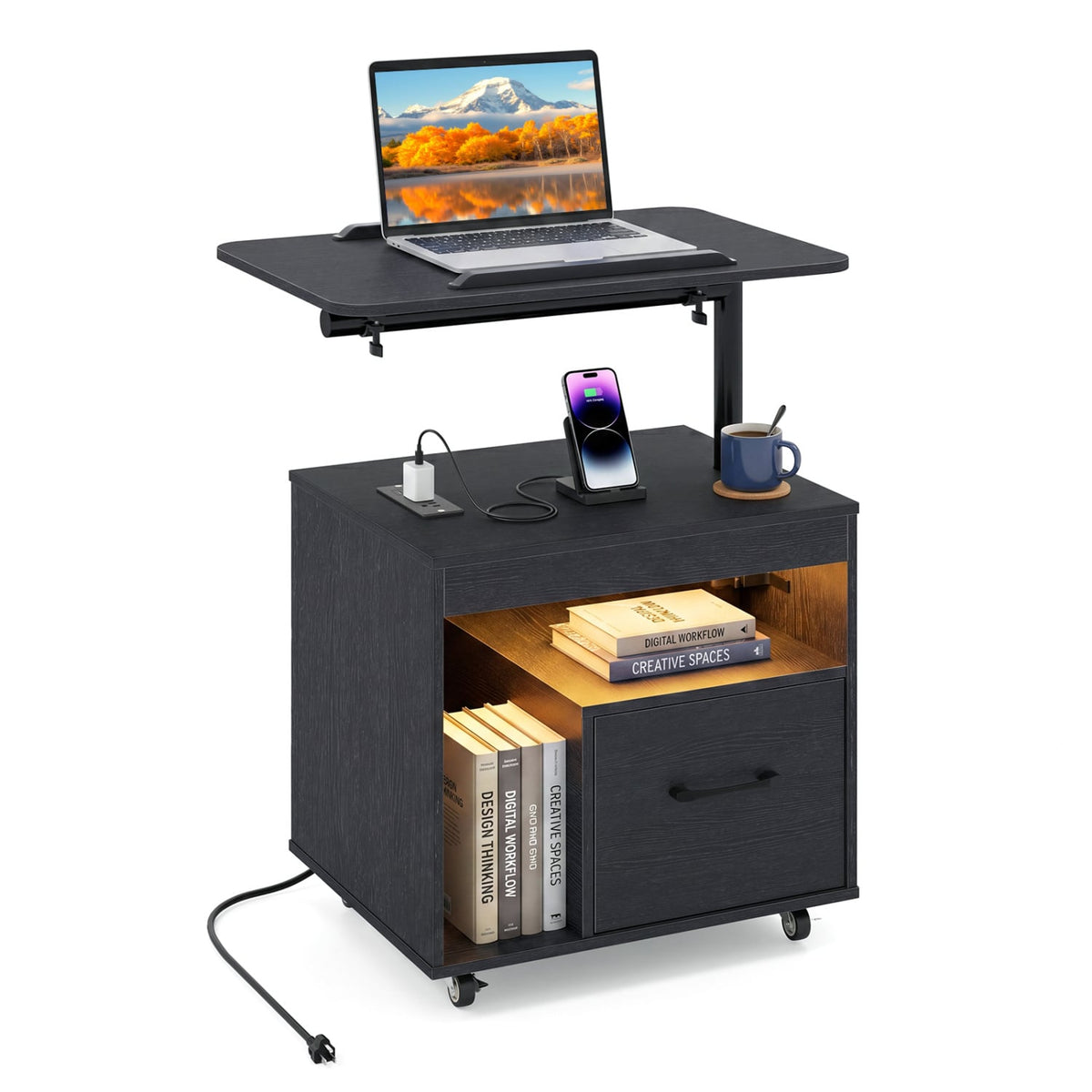 LED Nightstand with Power Outlets Modern Bedside Table with Flip over-Black-Nightstands-DECOROLALA