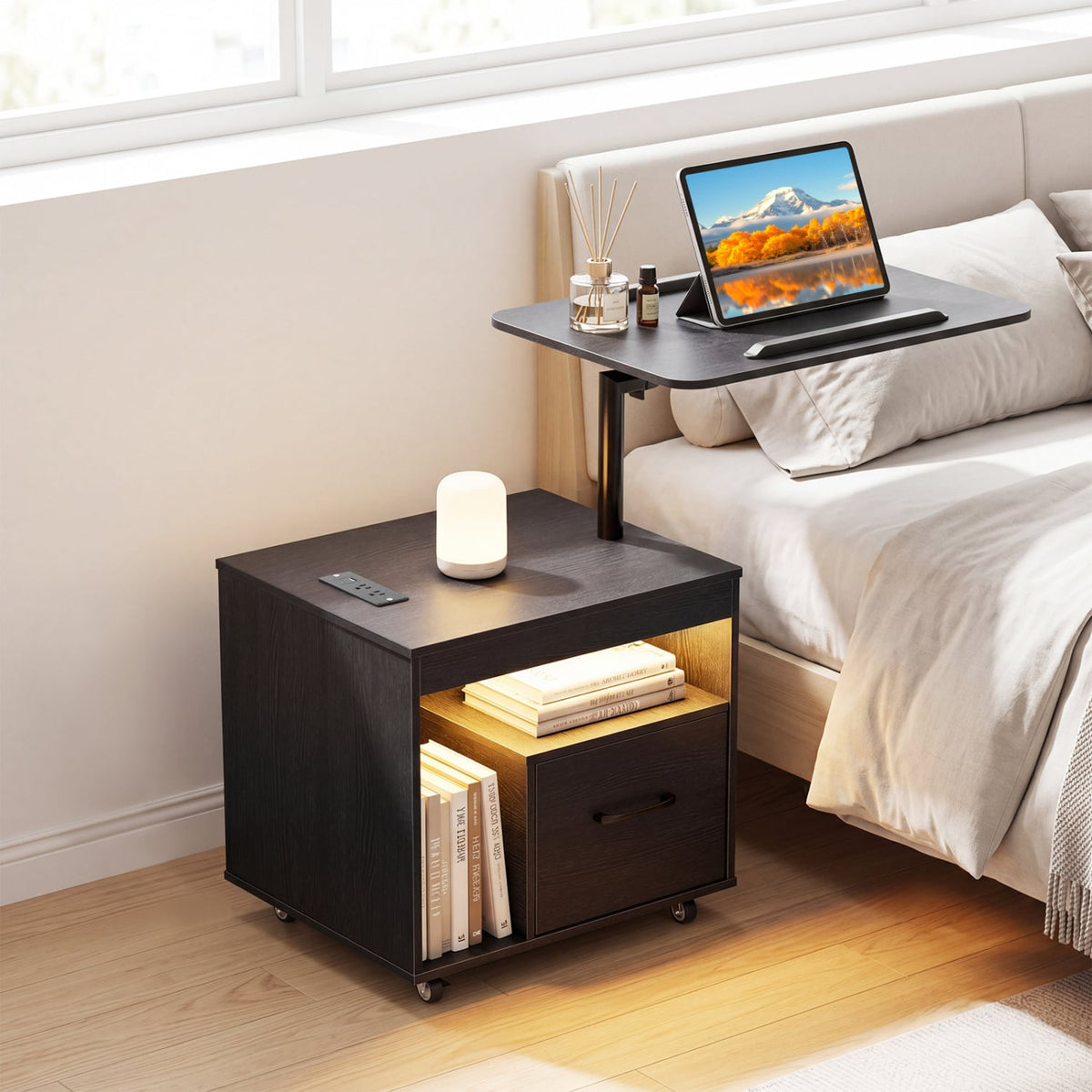 LED Nightstand with Power Outlets Modern Bedside Table with Flip over-Black-Nightstands-DECOROLALA