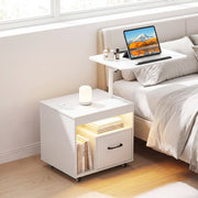 LED Nightstand with Power Outlets Modern Bedside Table with Flip over-White-Nightstands-DECOROLALA