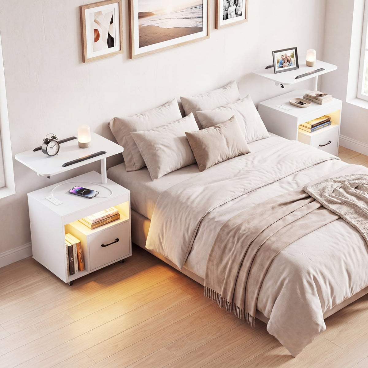 LED Nightstand with Power Outlets Modern Bedside Table with Flip over-White-Nightstands-DECOROLALA