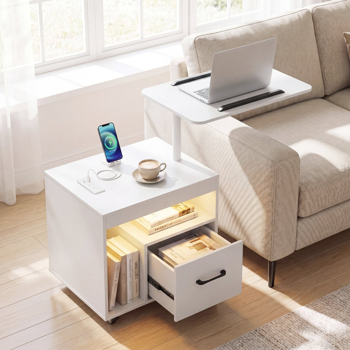 LED Nightstand with Power Outlets Modern Bedside Table with Flip over-White-Nightstands-DECOROLALA