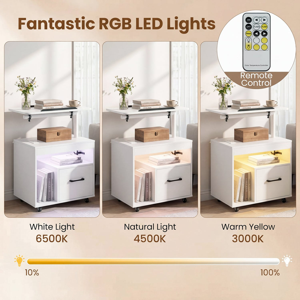 LED Nightstand with Power Outlets Modern Bedside Table with Flip over-White-Nightstands-DECOROLALA