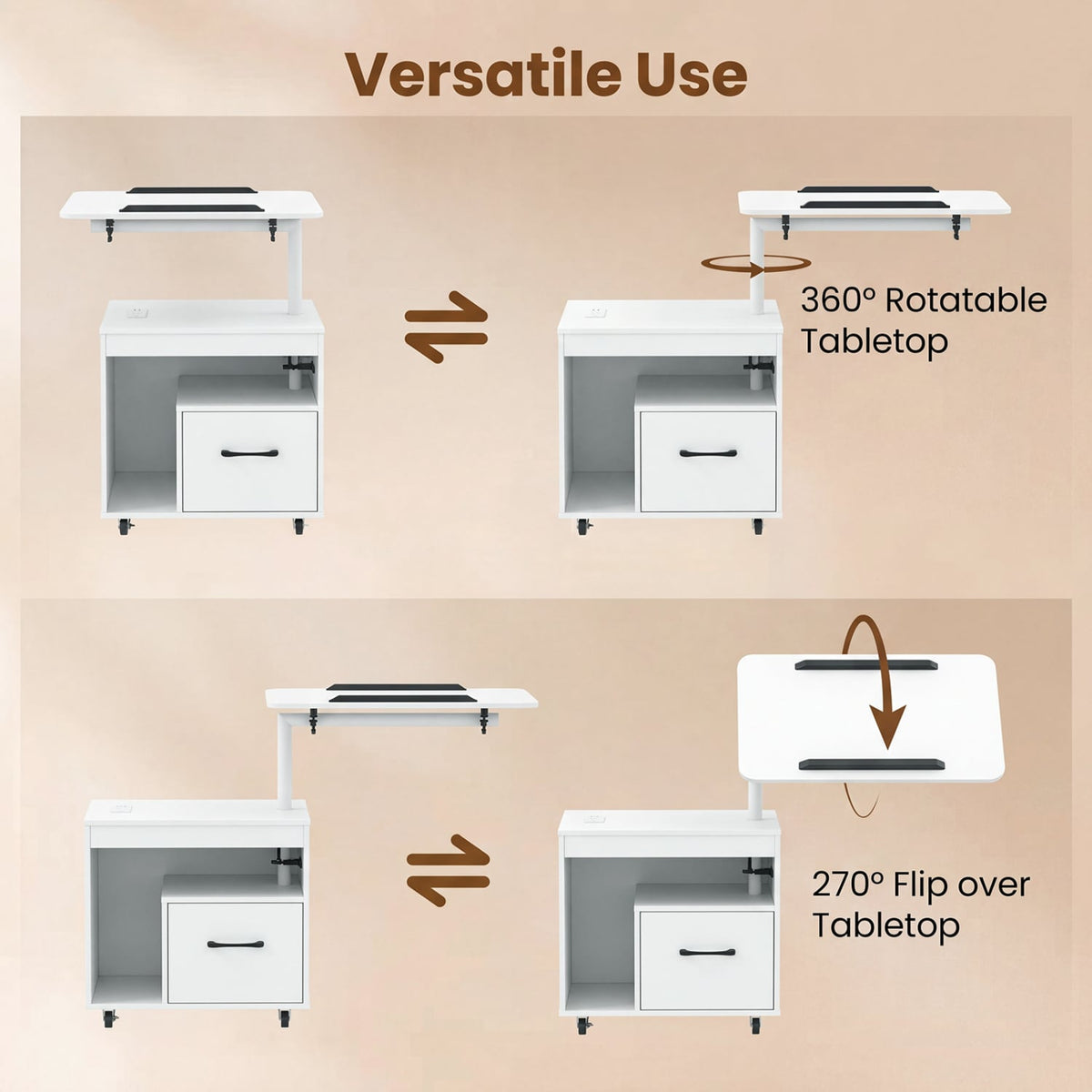 LED Nightstand with Power Outlets Modern Bedside Table with Flip over-White-Nightstands-DECOROLALA
