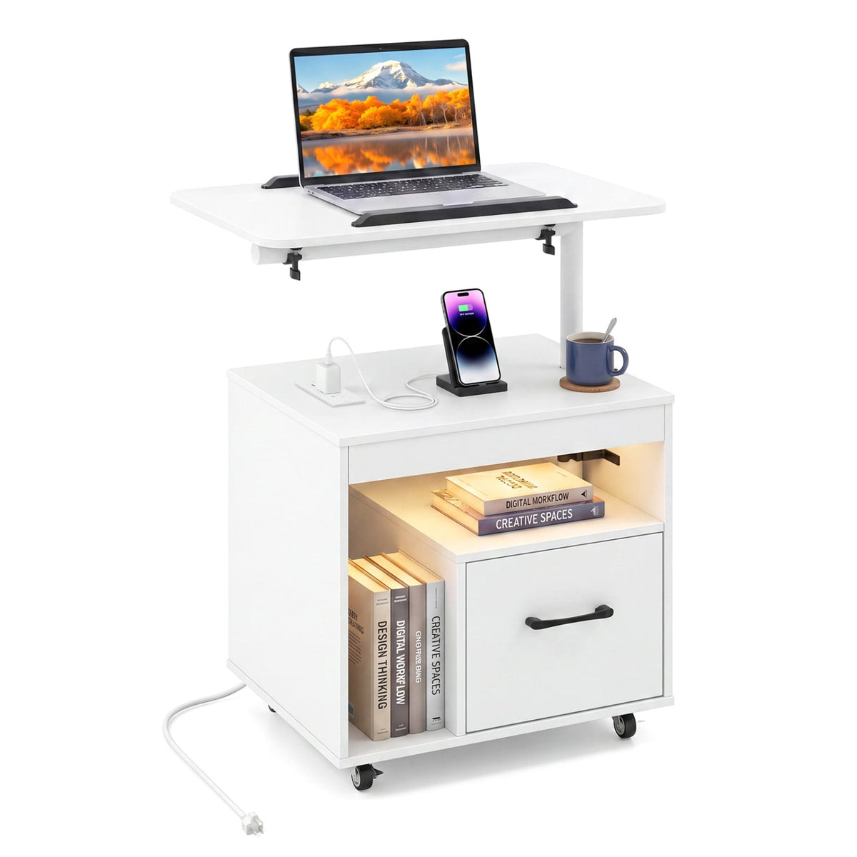 LED Nightstand with Power Outlets Modern Bedside Table with Flip over-White-Nightstands-DECOROLALA