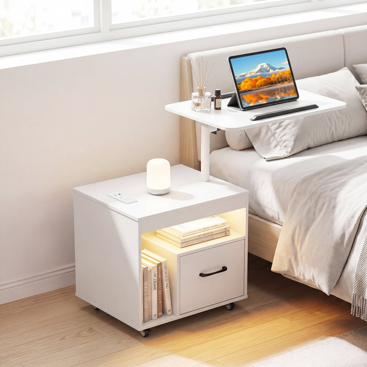 LED Nightstand with Power Outlets Modern Bedside Table with Flip over-White-Nightstands-DECOROLALA