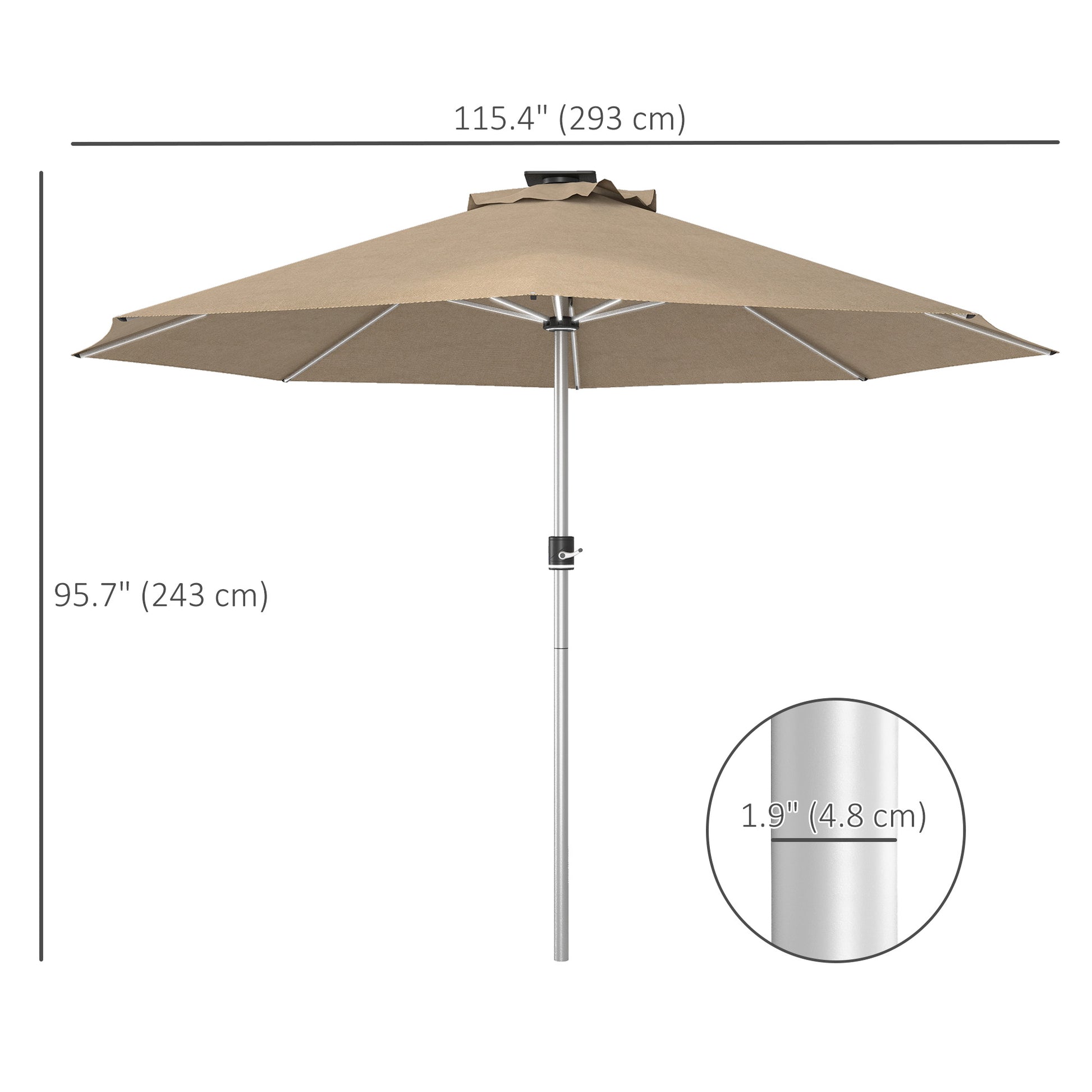 LED Patio Umbrella, Solar & USB, 4 Lighting Modes, Khaki-DECOROLALA
