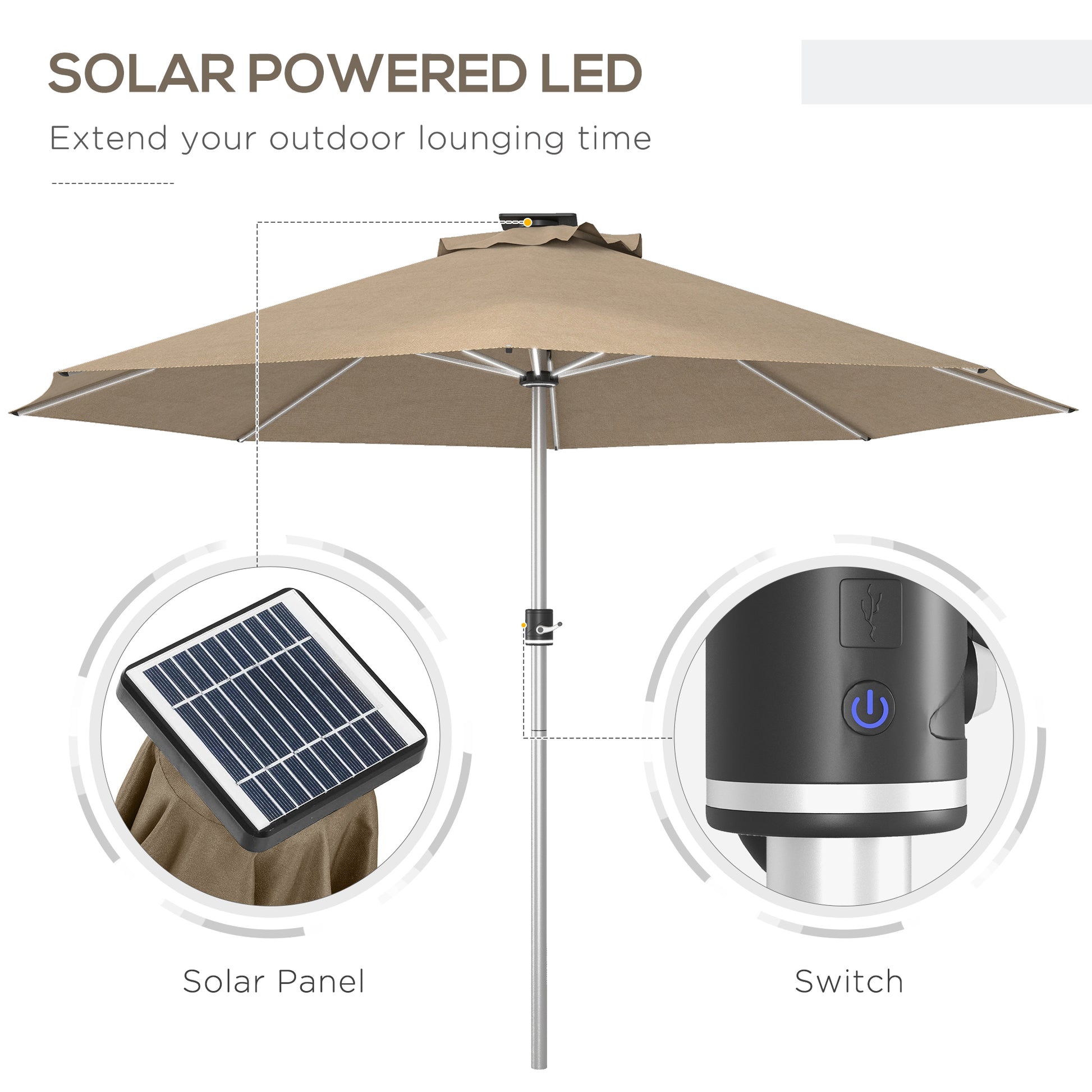LED Patio Umbrella, Solar & USB, 4 Lighting Modes, Khaki-DECOROLALA