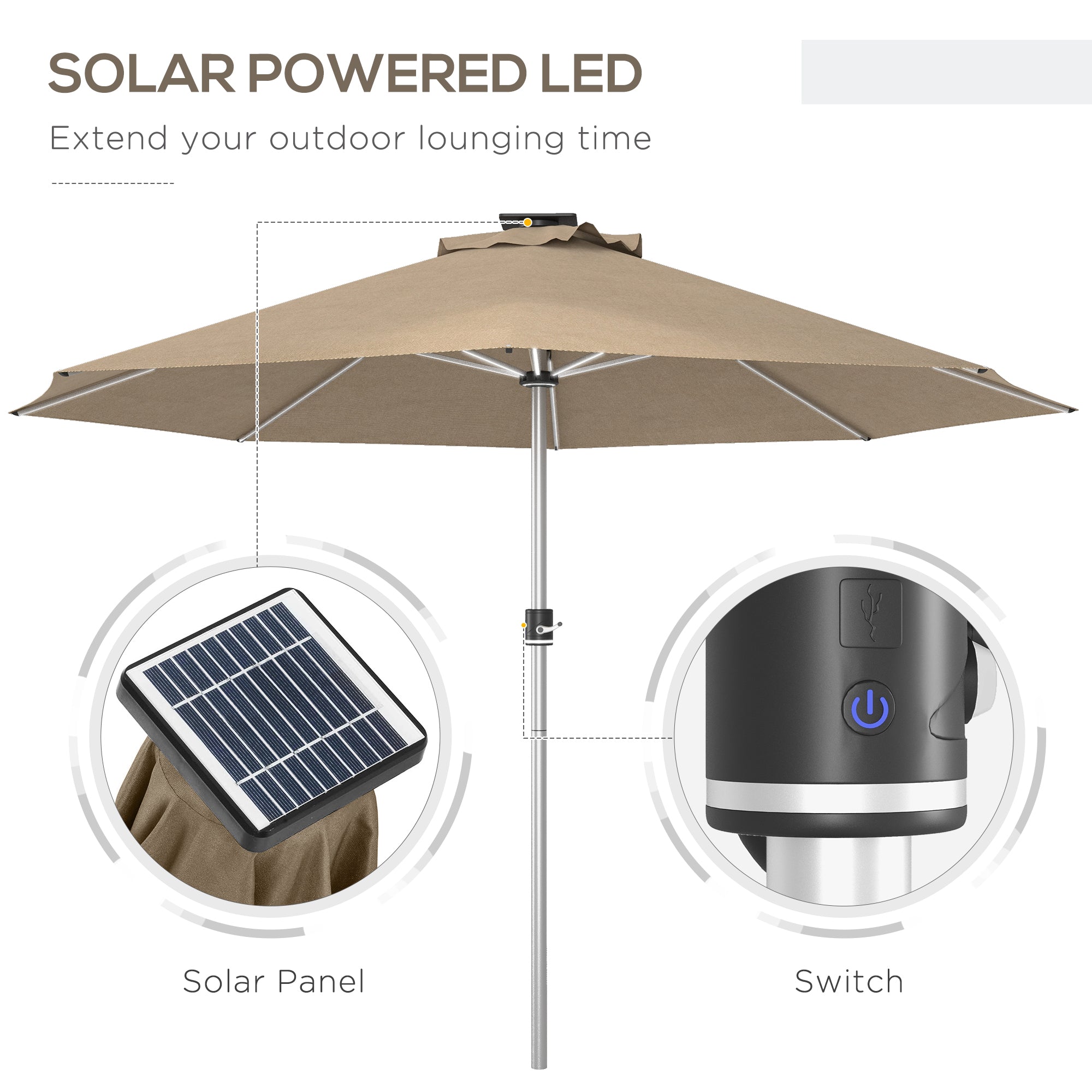 LED Patio Umbrella, Solar & USB, 4 Lighting Modes, Khaki-DECOROLALA