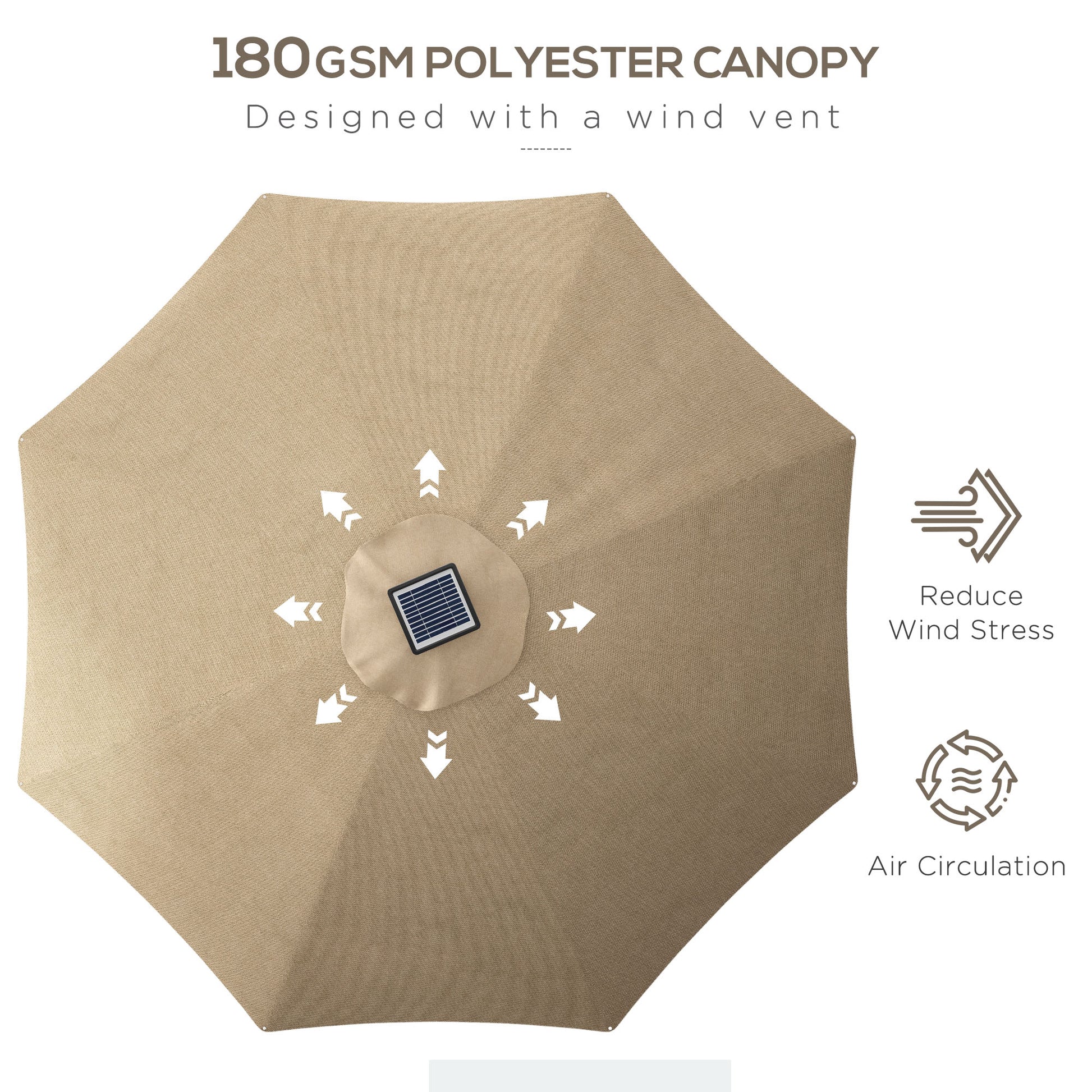 LED Patio Umbrella, Solar & USB, 4 Lighting Modes, Khaki-DECOROLALA