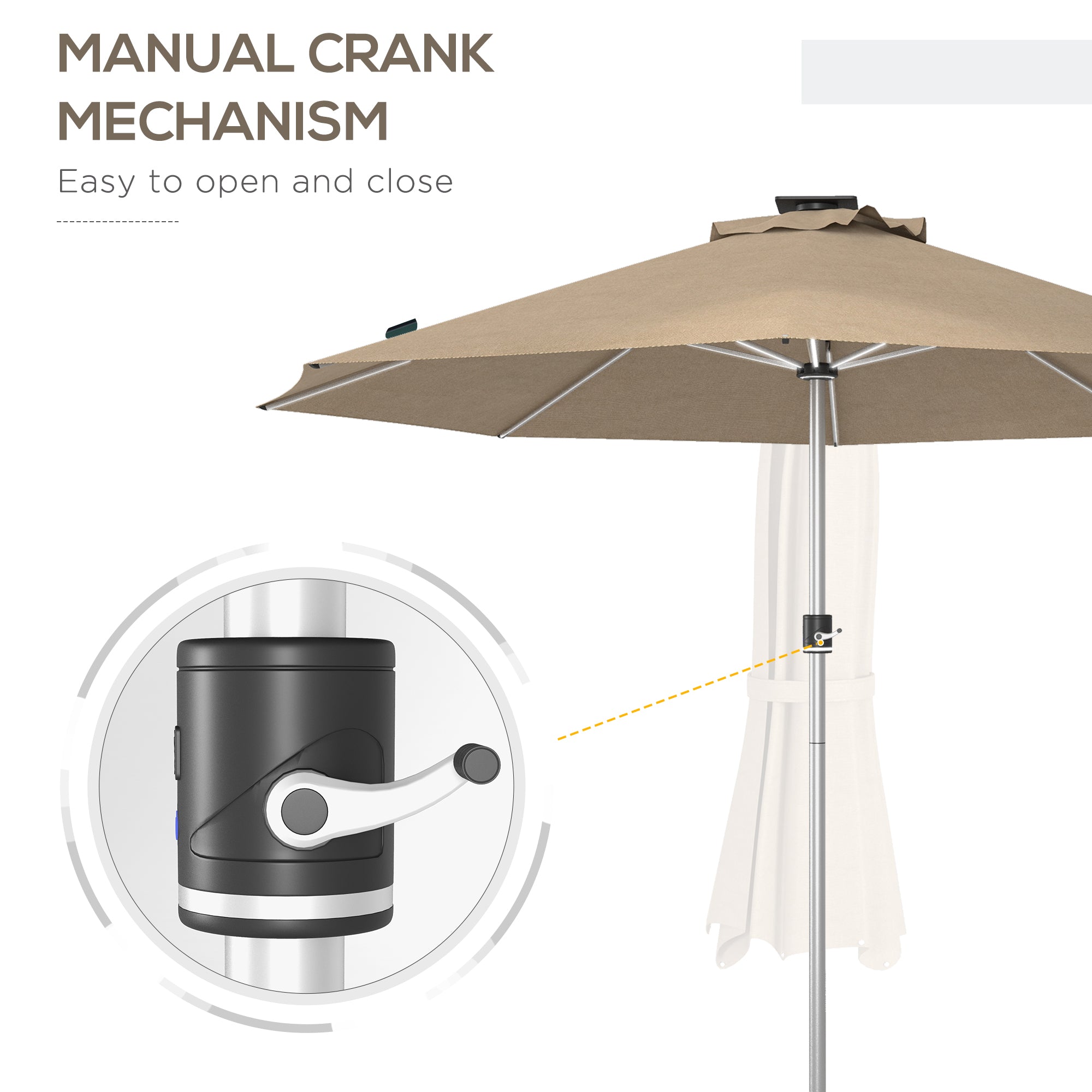 LED Patio Umbrella, Solar & USB, 4 Lighting Modes, Khaki-DECOROLALA