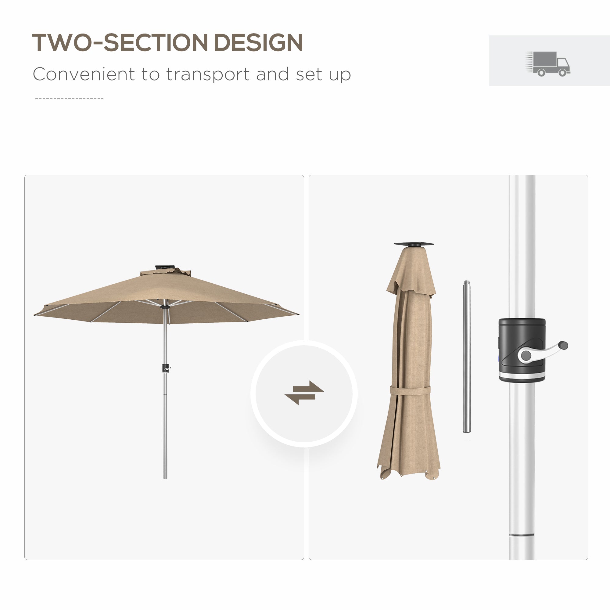 LED Patio Umbrella, Solar & USB, 4 Lighting Modes, Khaki-DECOROLALA