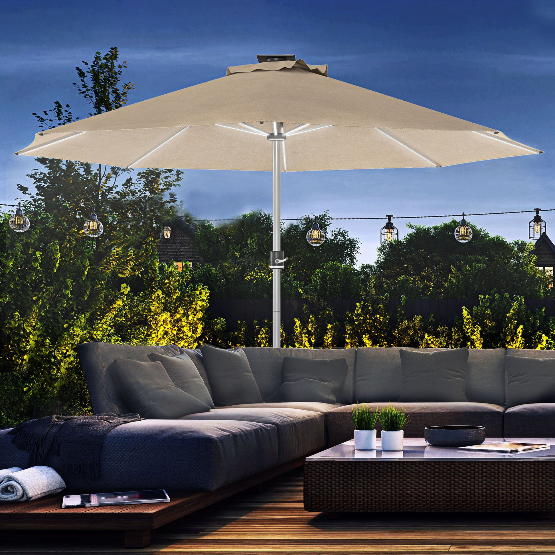 LED Patio Umbrella, Solar & USB, 4 Lighting Modes, Khaki-DECOROLALA
