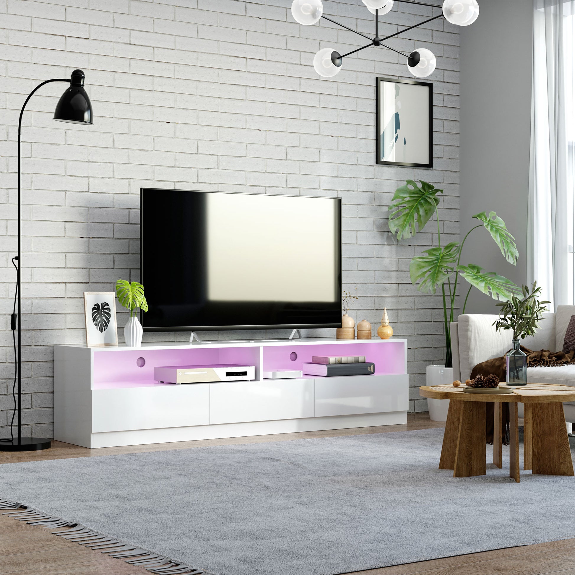 LED TV Stand 75" White Modern Cabinet Storage-DECOROLALA