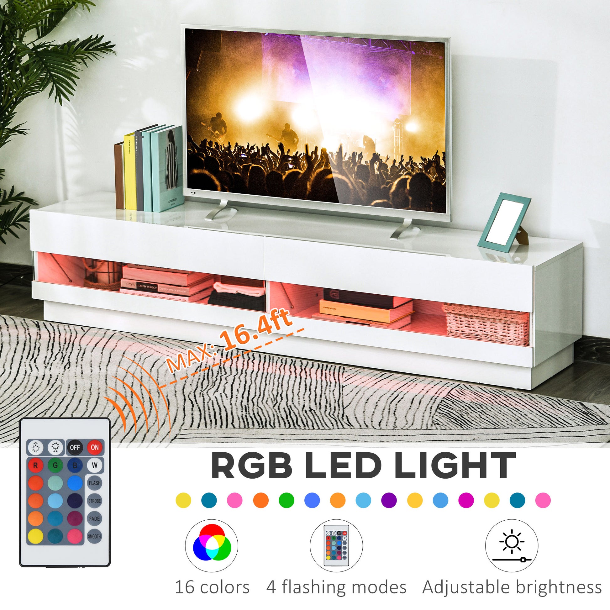 LED TV Stand - Storage for Living Room, 75" TV, High Gloss White, LED Lights, 4 Modes-DECOROLALA