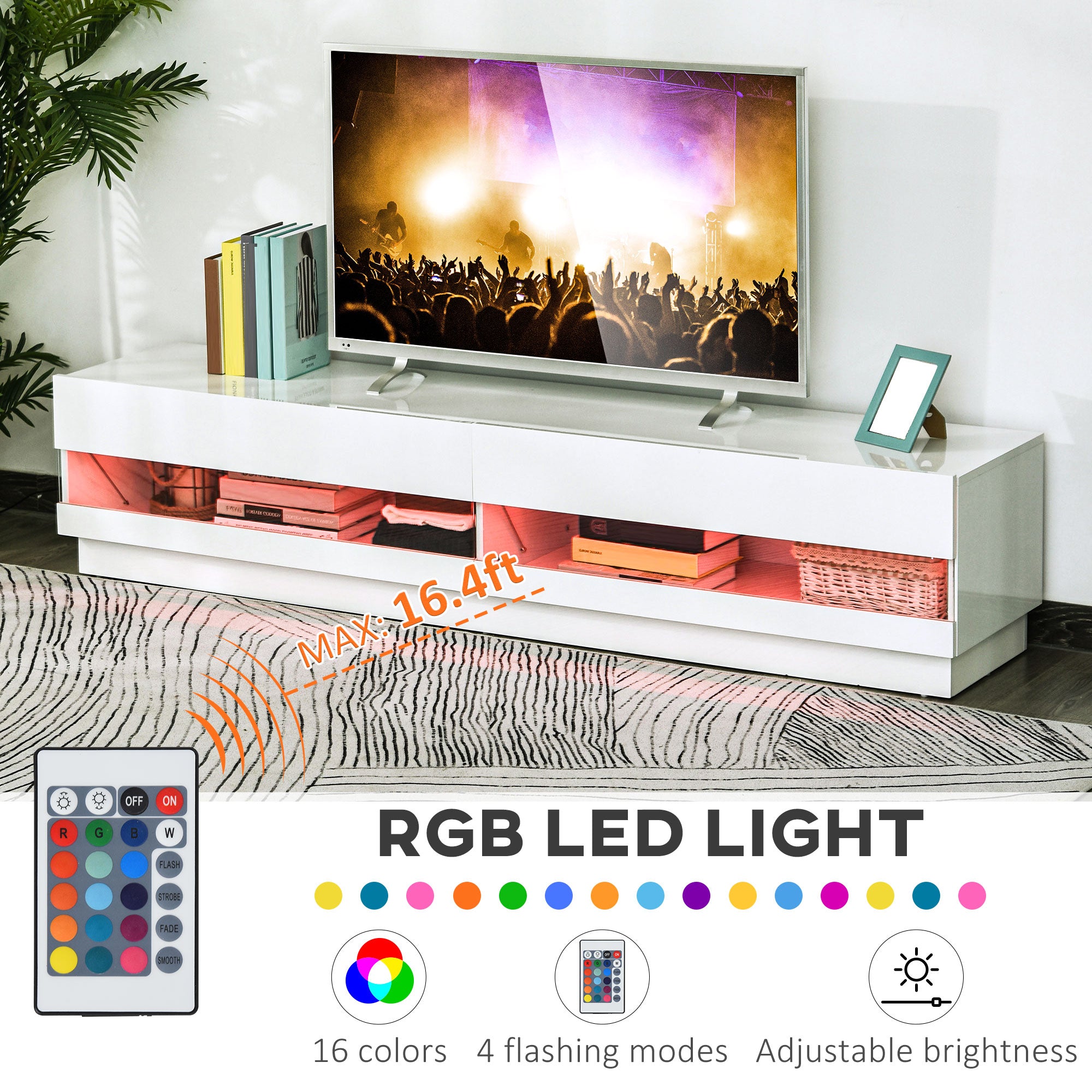 LED TV Stand - Storage for Living Room, 75" TV, High Gloss White, LED Lights, 4 Modes-DECOROLALA