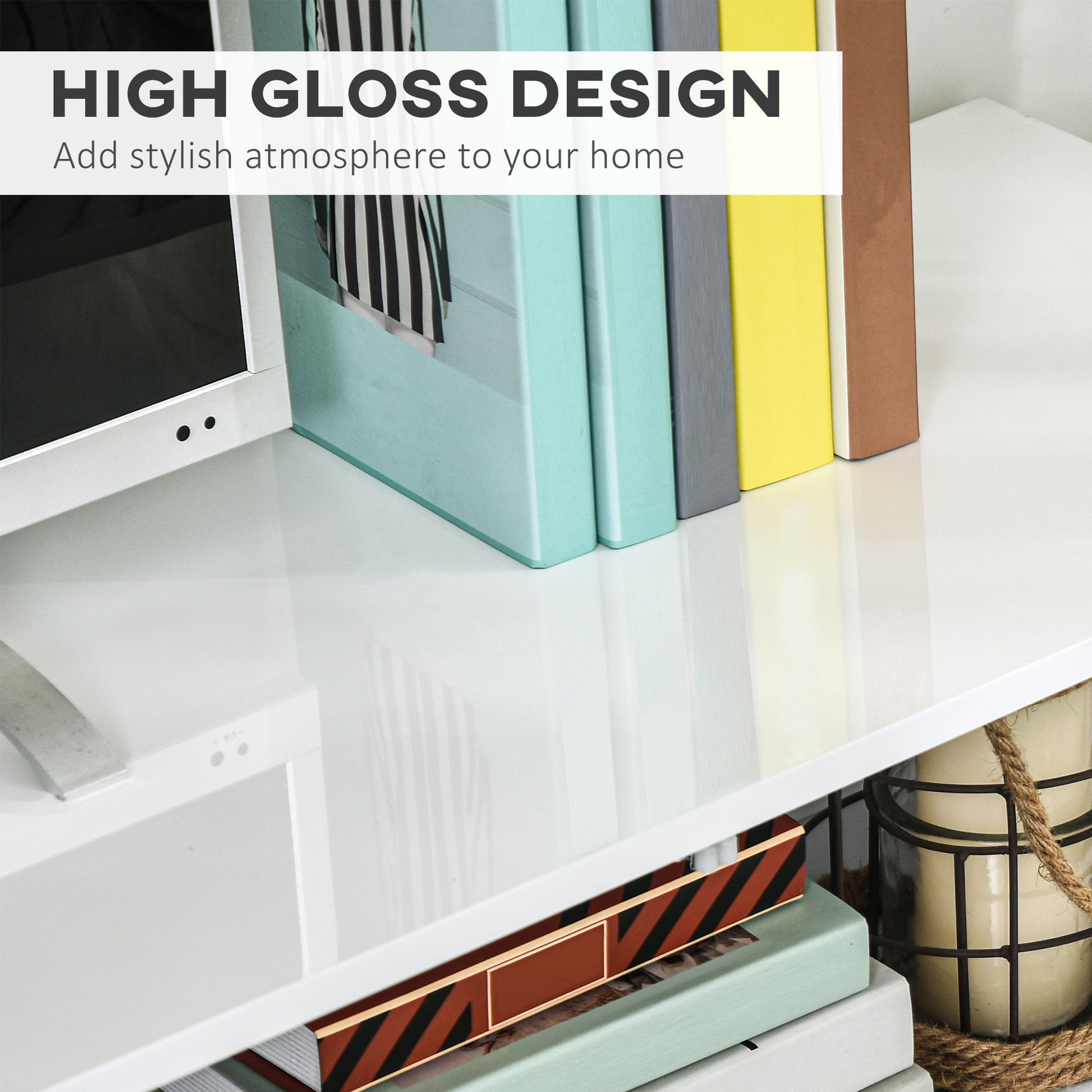 LED TV Stand - Storage for Living Room, 75" TV, High Gloss White, LED Lights, 4 Modes-DECOROLALA