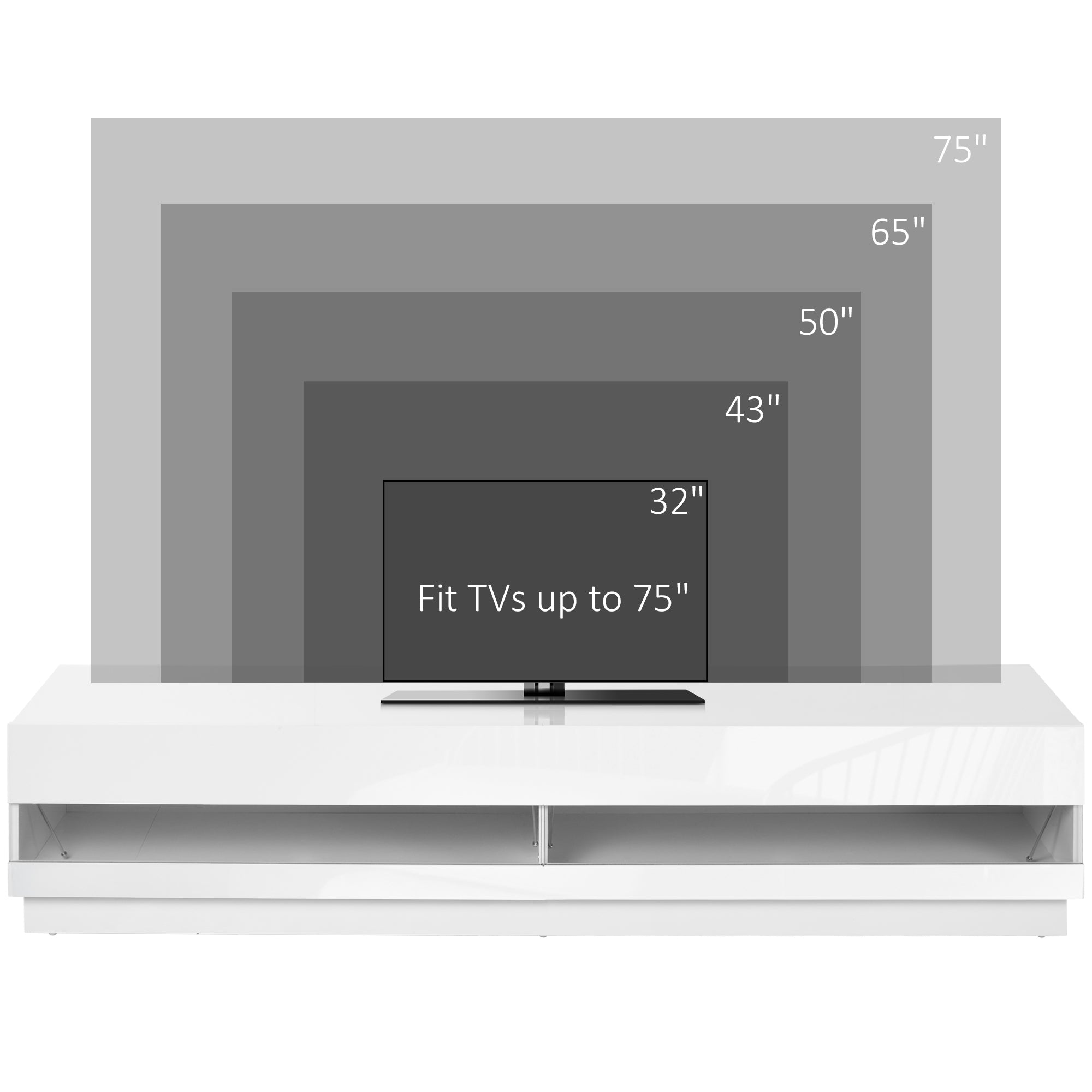 LED TV Stand - Storage for Living Room, 75" TV, High Gloss White, LED Lights, 4 Modes-DECOROLALA
