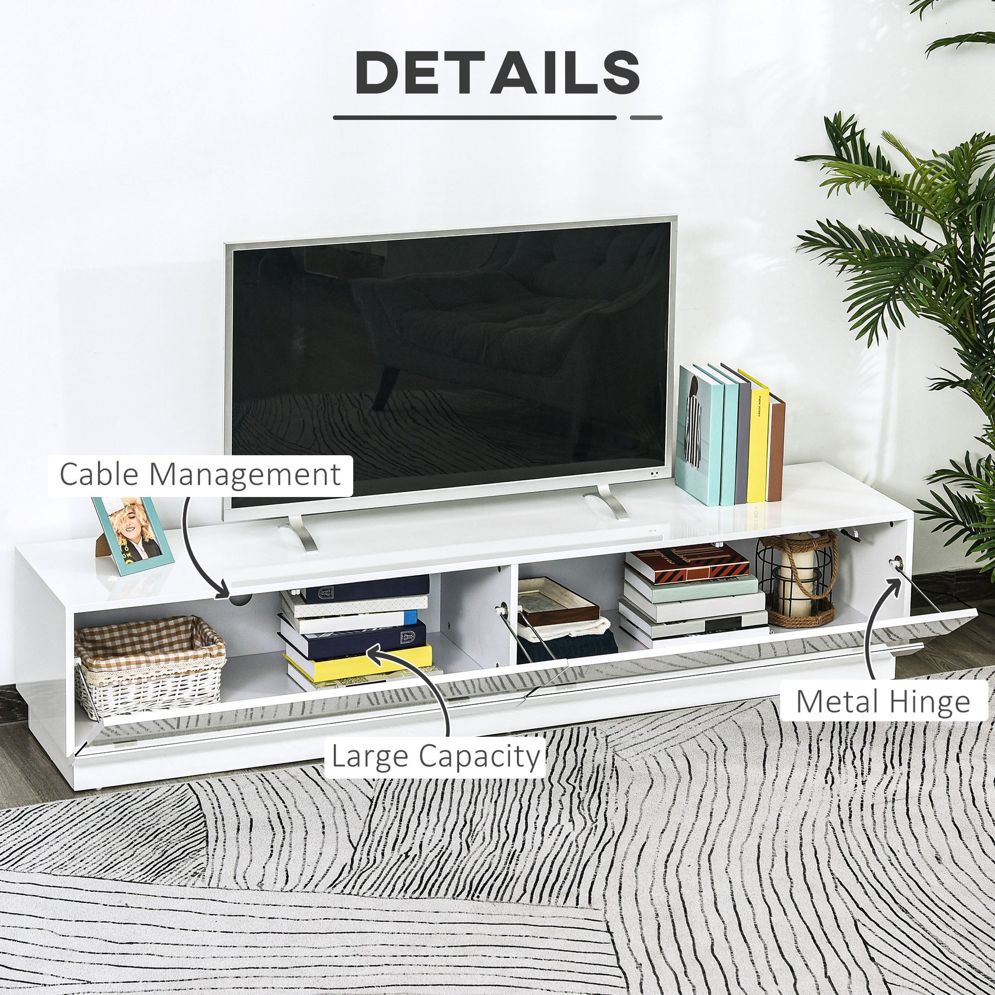 LED TV Stand - Storage for Living Room, 75" TV, High Gloss White, LED Lights, 4 Modes-DECOROLALA