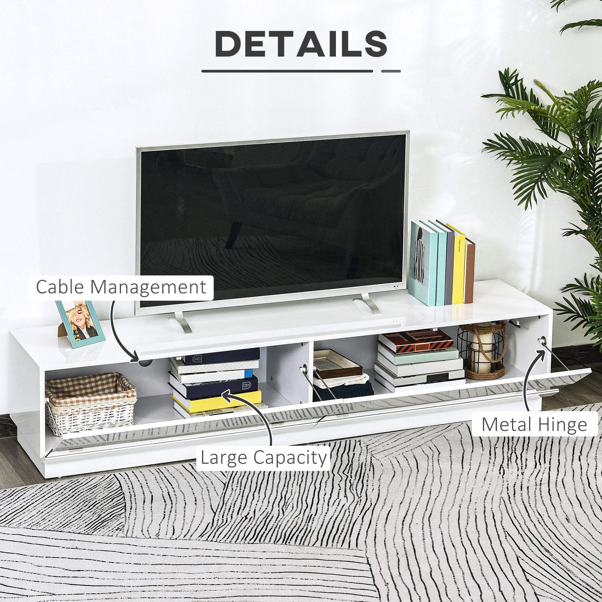 LED TV Stand - Storage for Living Room, 75" TV, High Gloss White, LED Lights, 4 Modes-DECOROLALA