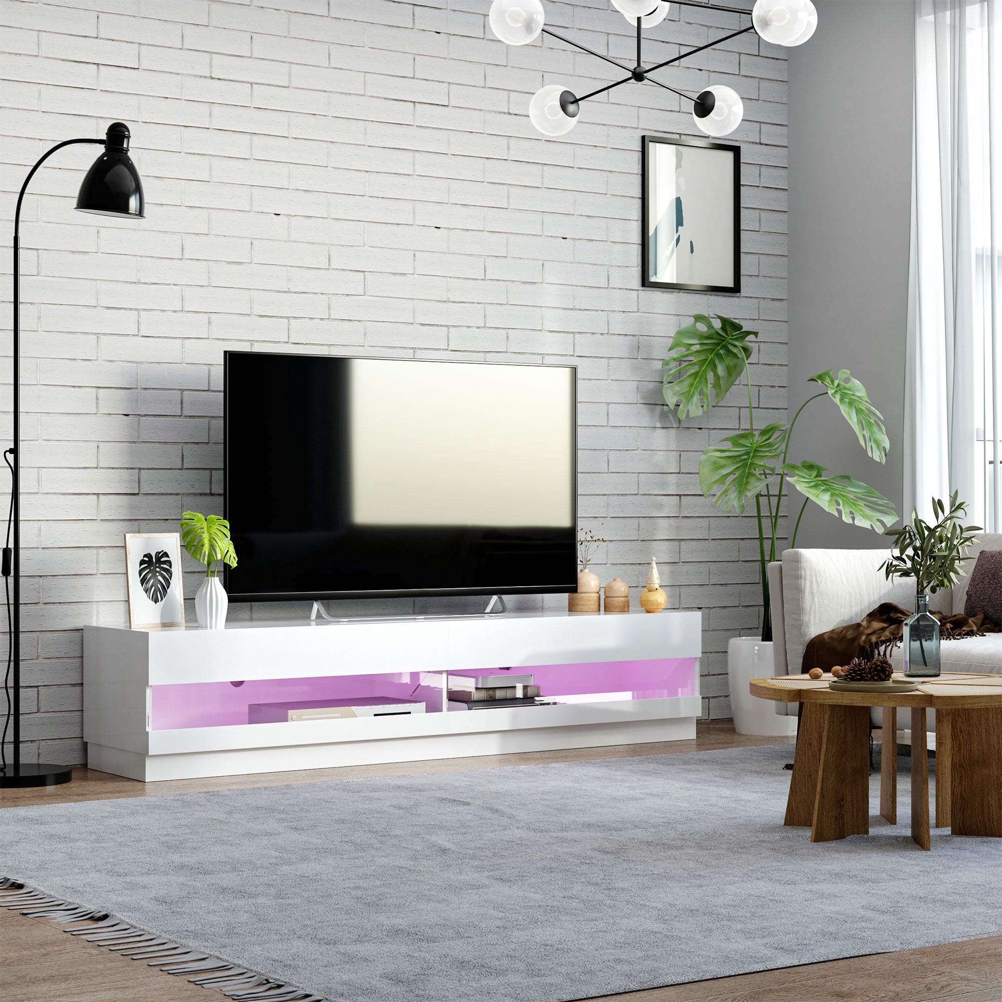 LED TV Stand - Storage for Living Room, 75" TV, High Gloss White, LED Lights, 4 Modes-DECOROLALA