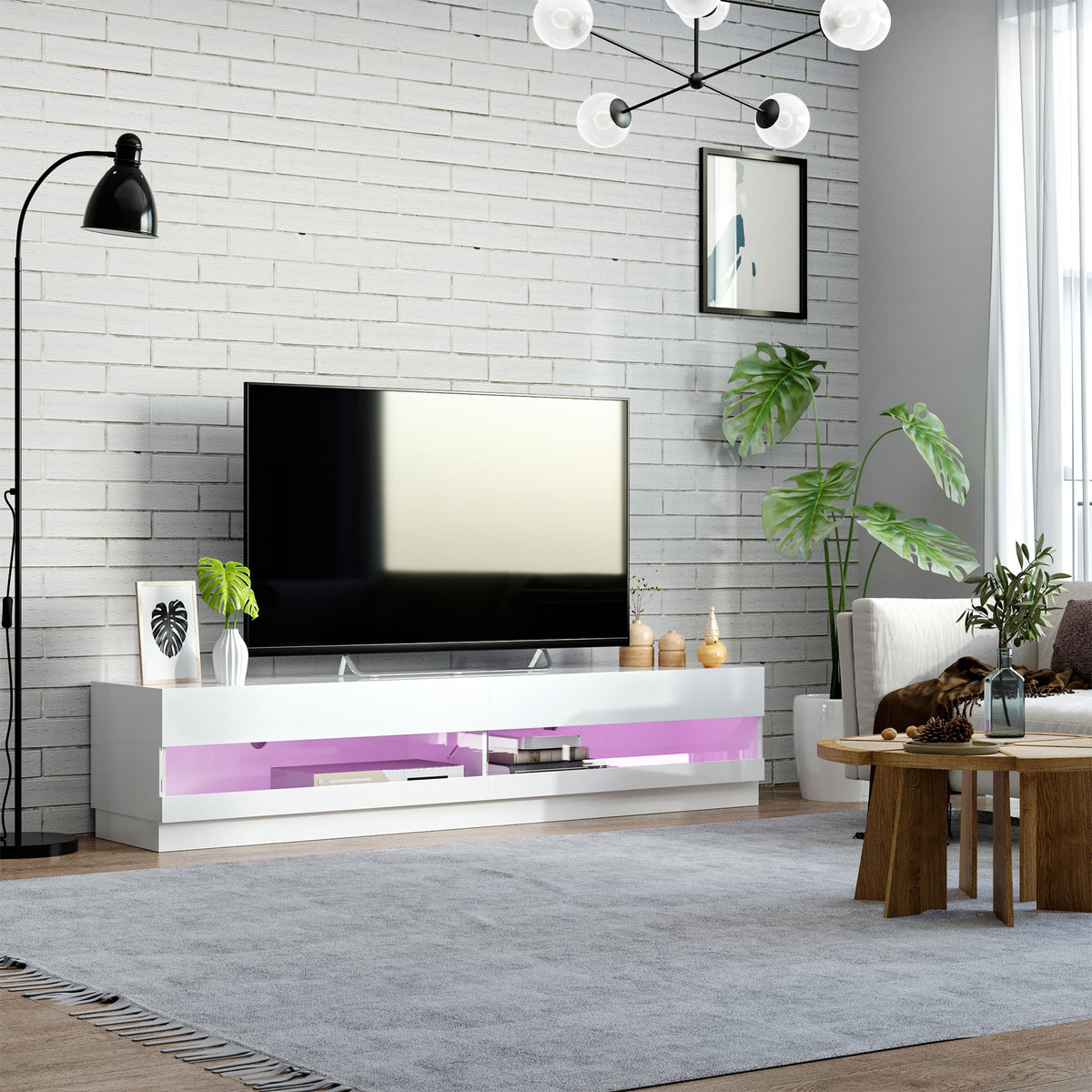 LED TV Stand - Storage for Living Room, 75" TV, High Gloss White, LED Lights, 4 Modes-DECOROLALA