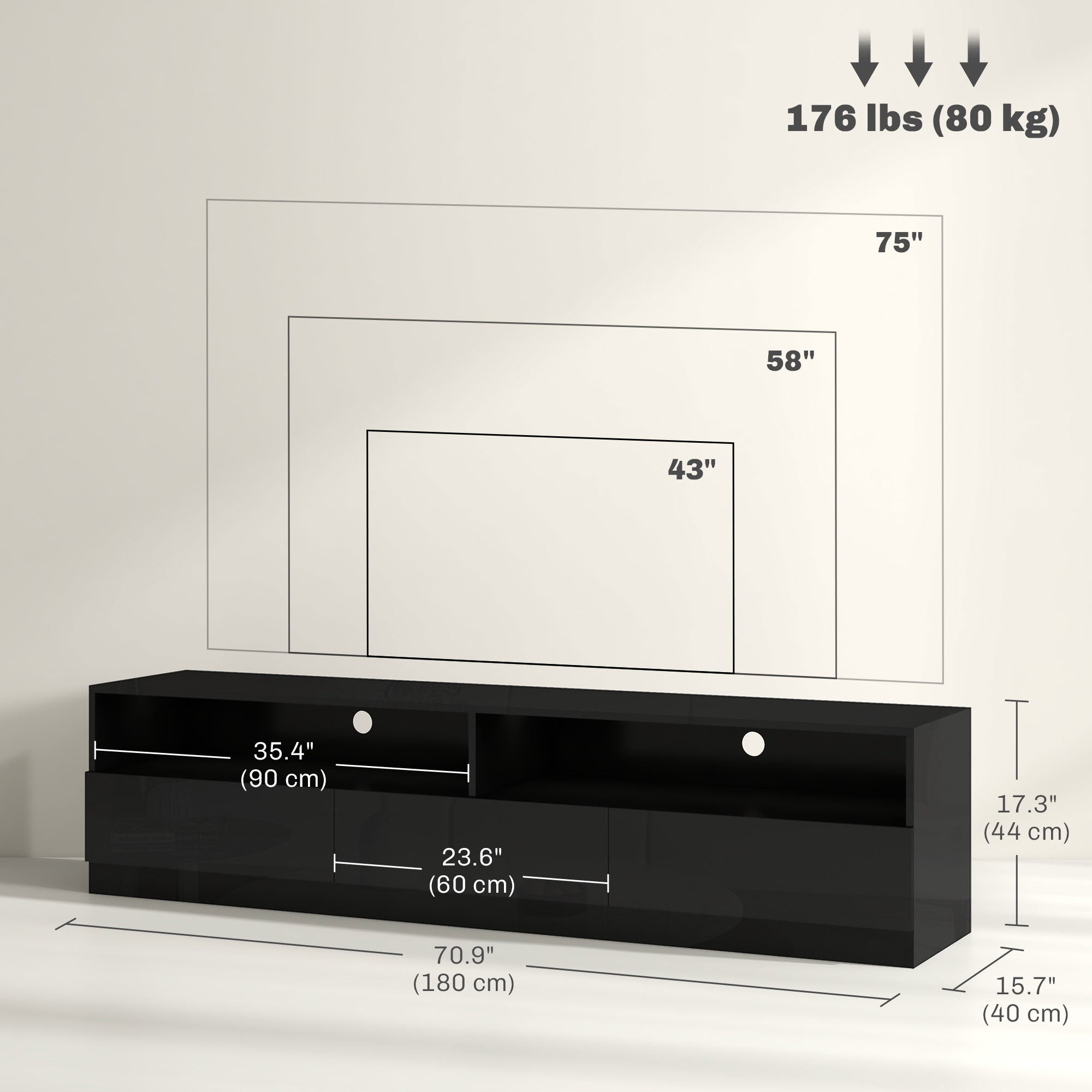 LED TV Stand for 75" TVs, Modern Storage Cabinet with Drawers, High Gloss Black-DECOROLALA