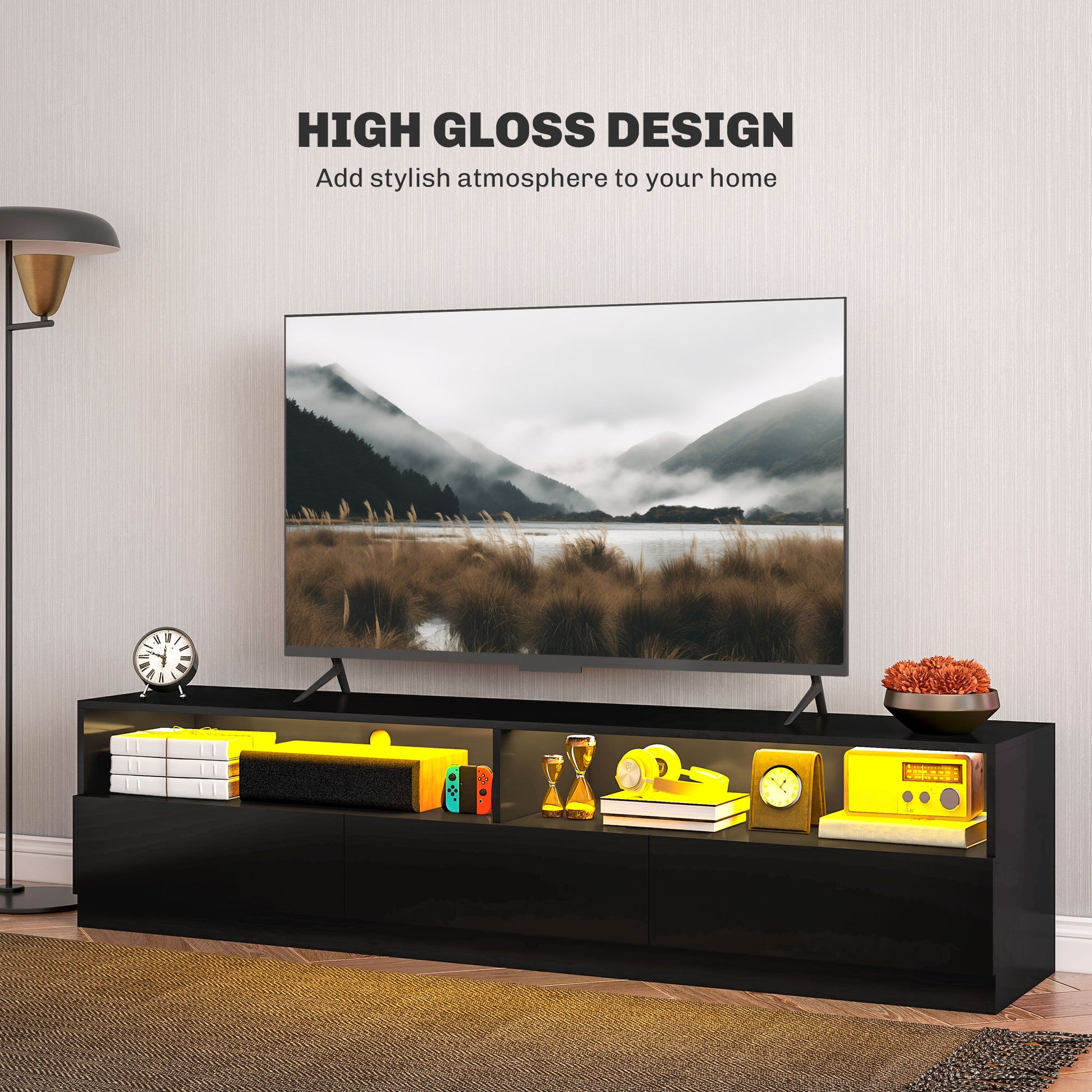 LED TV Stand for 75" TVs, Modern Storage Cabinet with Drawers, High Gloss Black-DECOROLALA