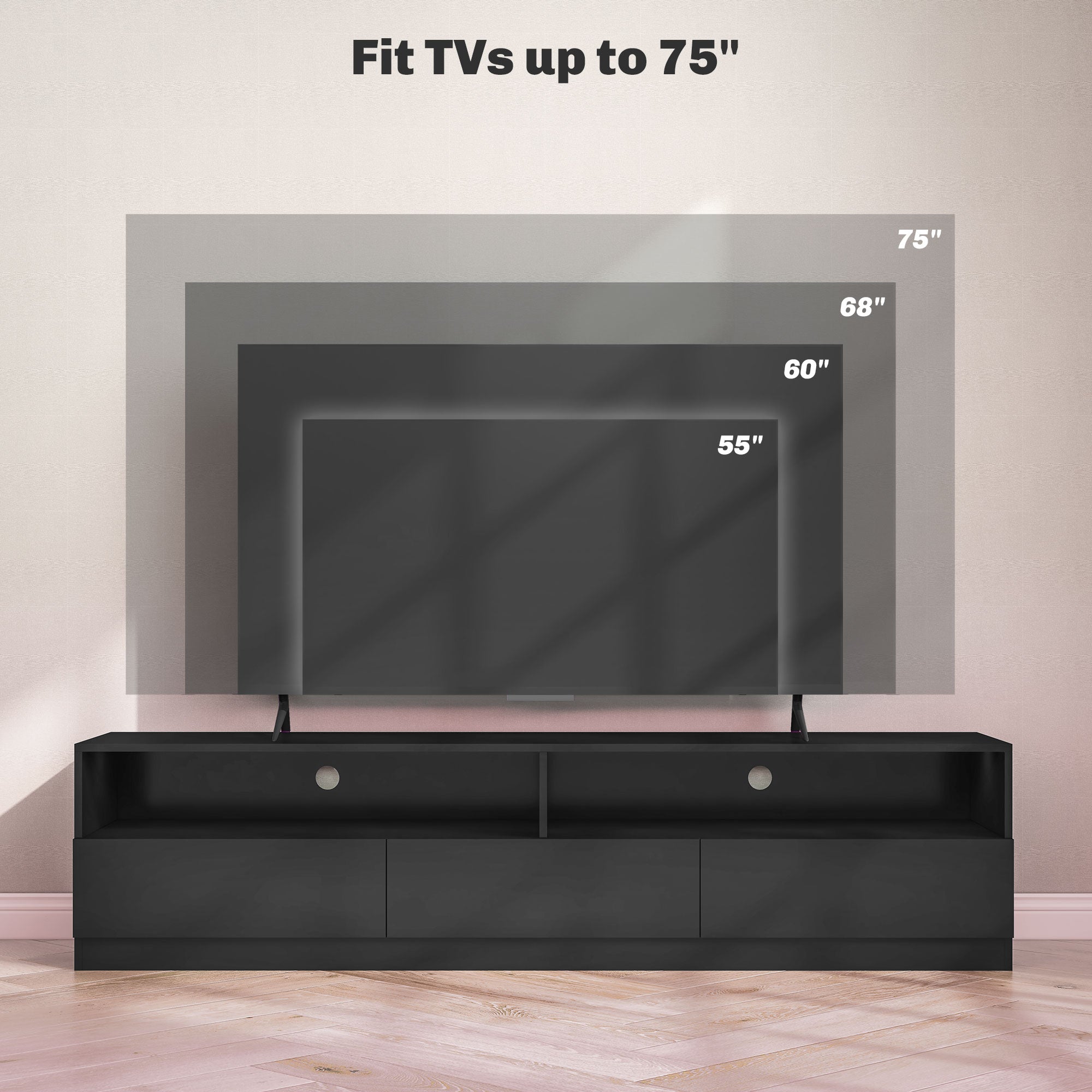 LED TV Stand for 75" TVs, Modern Storage Cabinet with Drawers, High Gloss Black-DECOROLALA