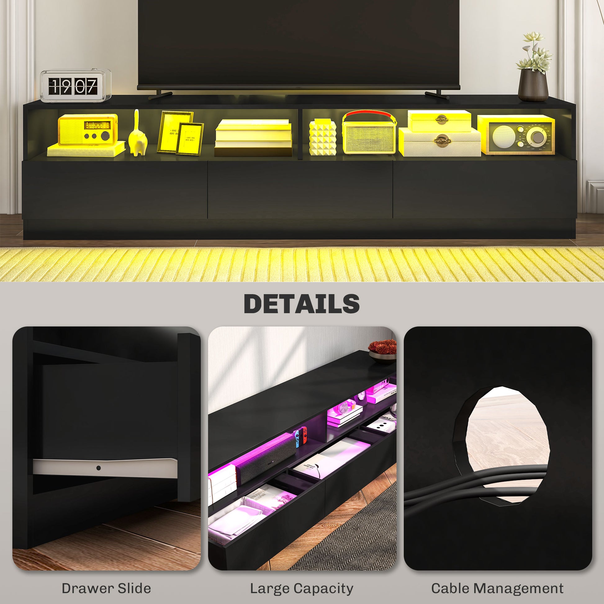 LED TV Stand for 75" TVs, Modern Storage Cabinet with Drawers, High Gloss Black-DECOROLALA