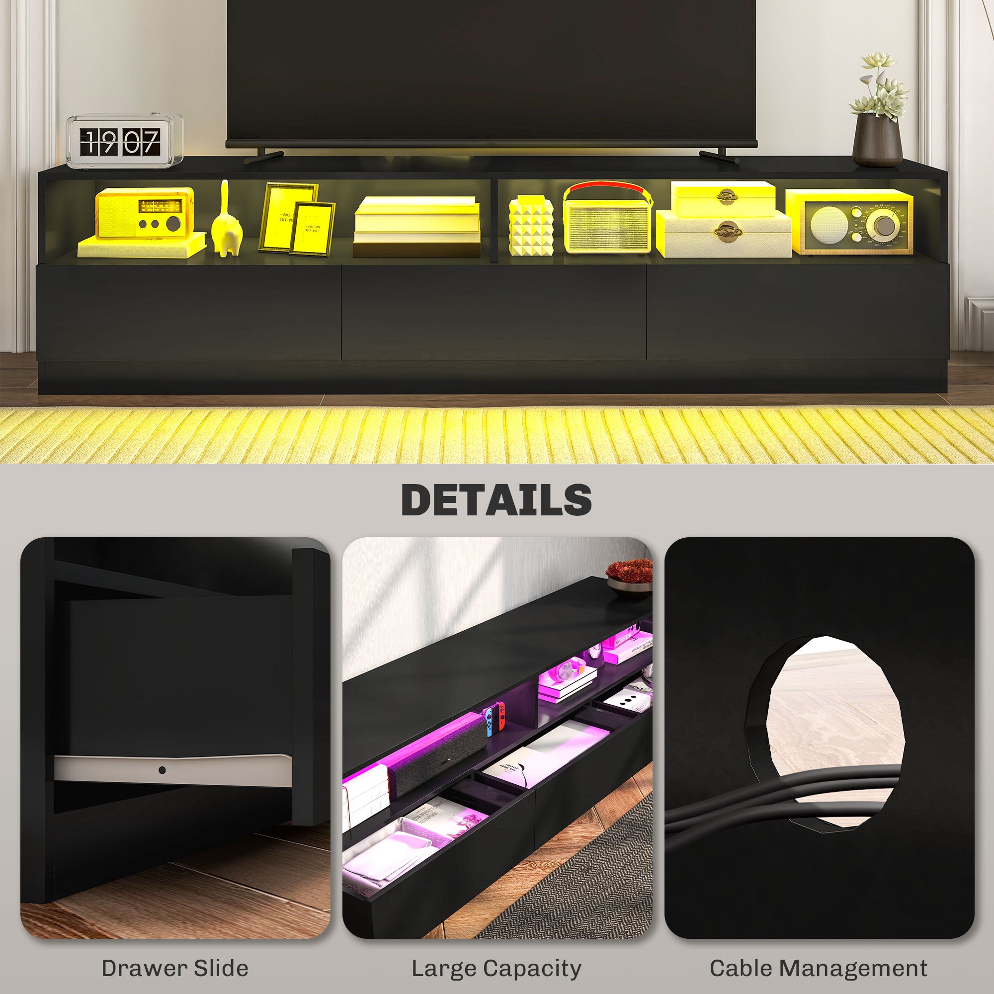 LED TV Stand for 75" TVs, Modern Storage Cabinet with Drawers, High Gloss Black-DECOROLALA