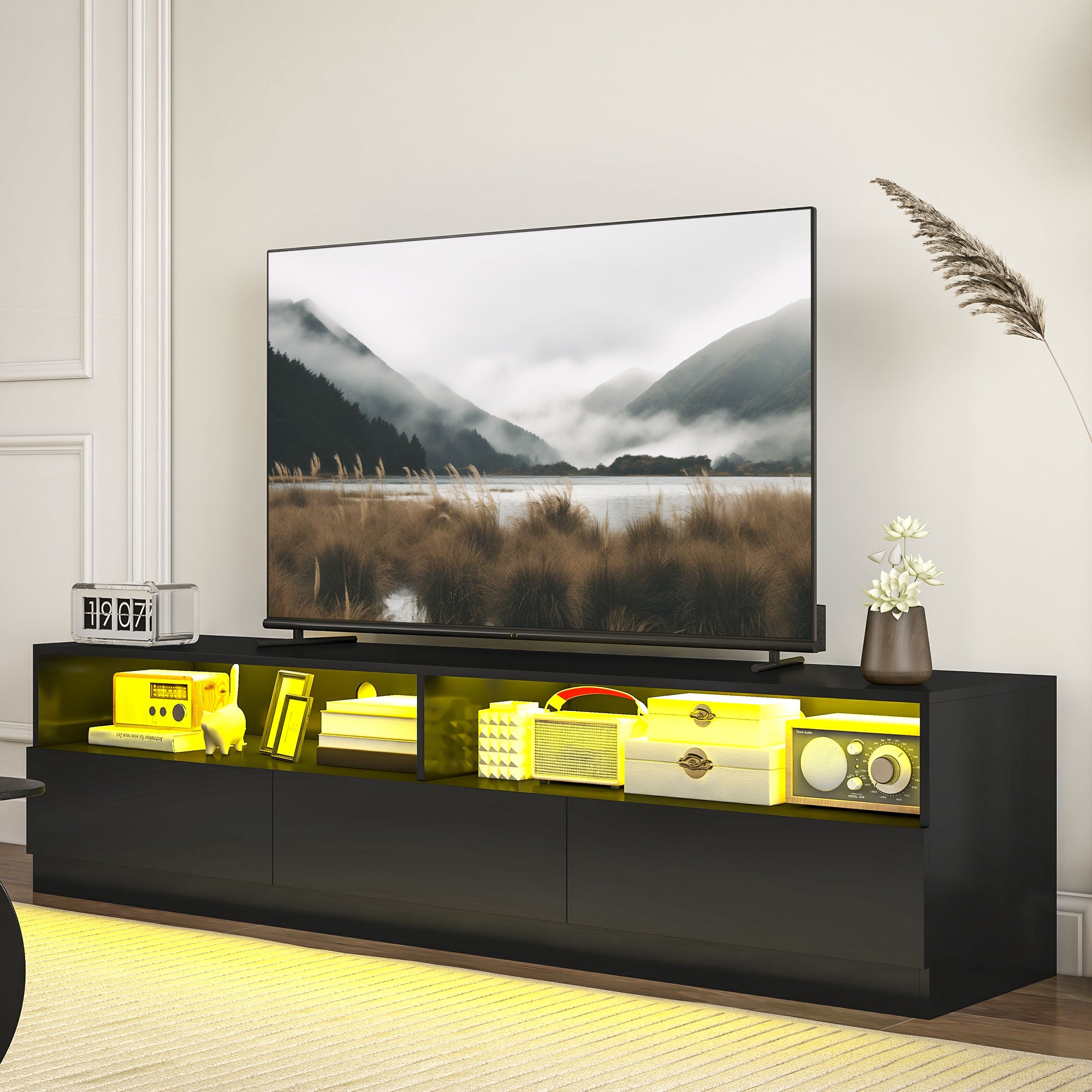 LED TV Stand for 75" TVs, Modern Storage Cabinet with Drawers, High Gloss Black-DECOROLALA