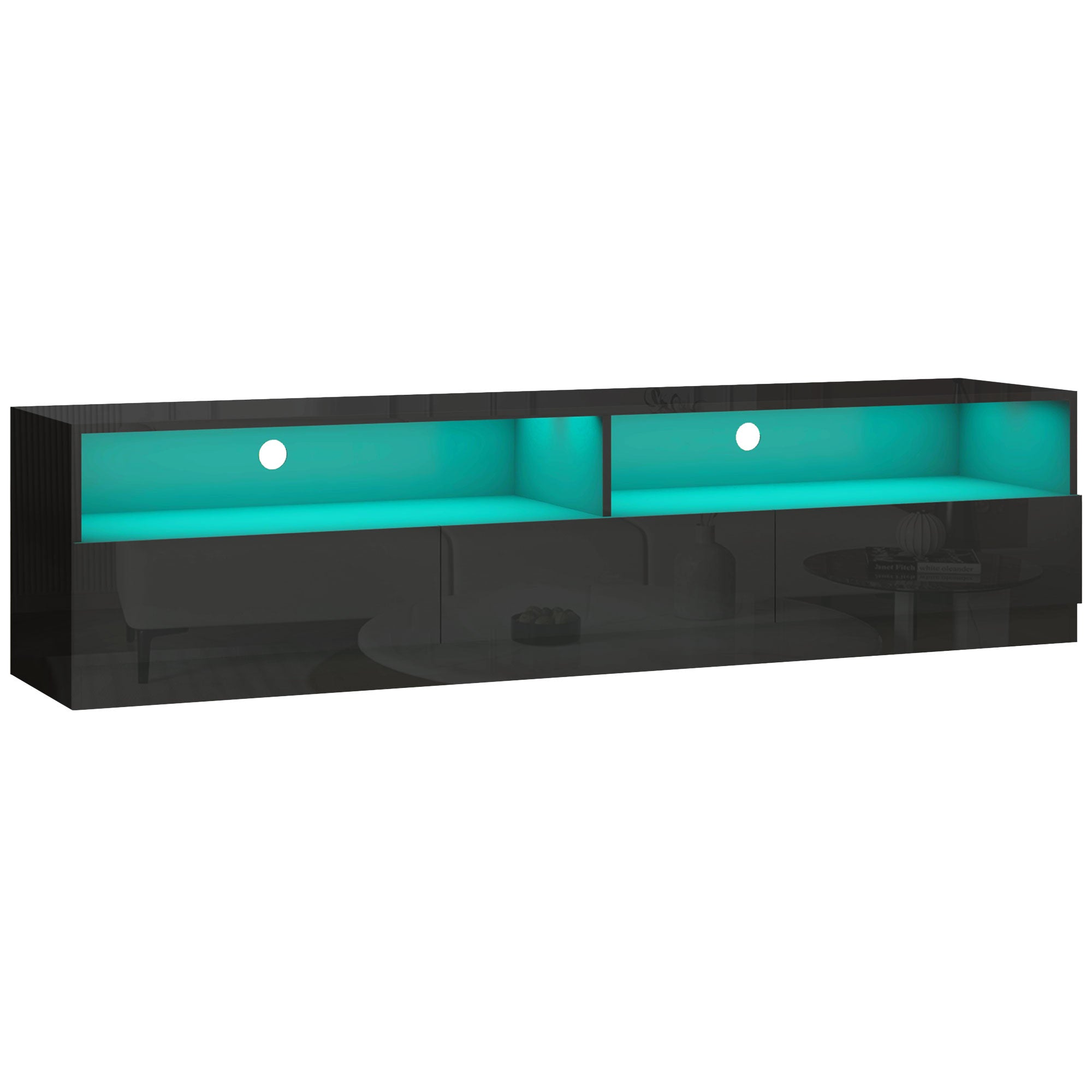 LED TV Stand for 75" TVs, Modern Storage Cabinet with Drawers, High Gloss Black-DECOROLALA
