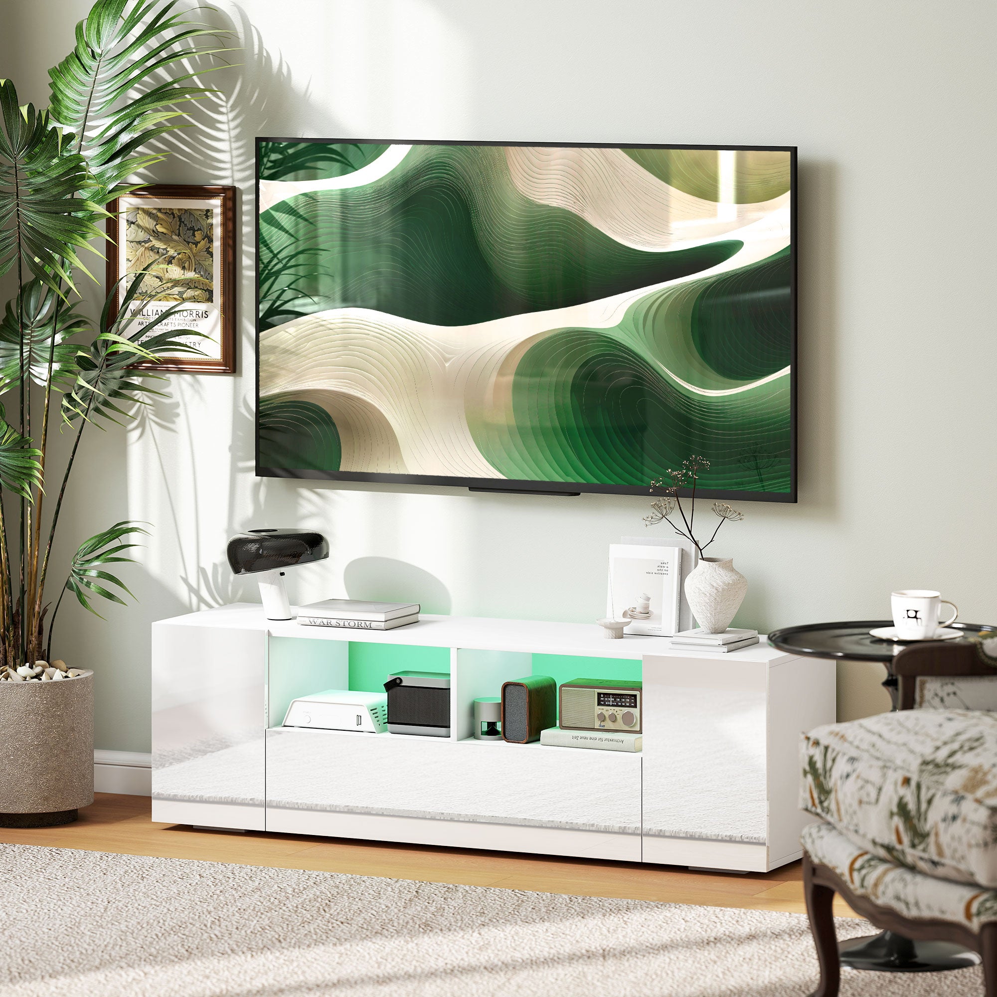 LED TV Stand for TVs up to 60" - High Gloss White 54"-DECOROLALA