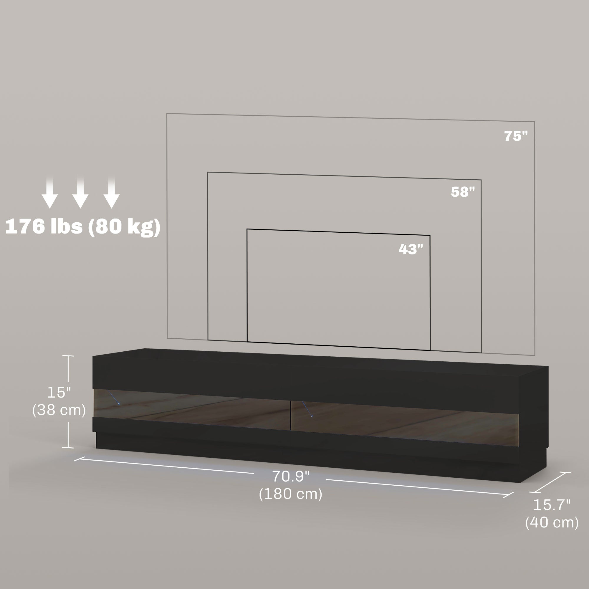 LED TV Stand for TVs up to 75" - High Gloss Black-DECOROLALA