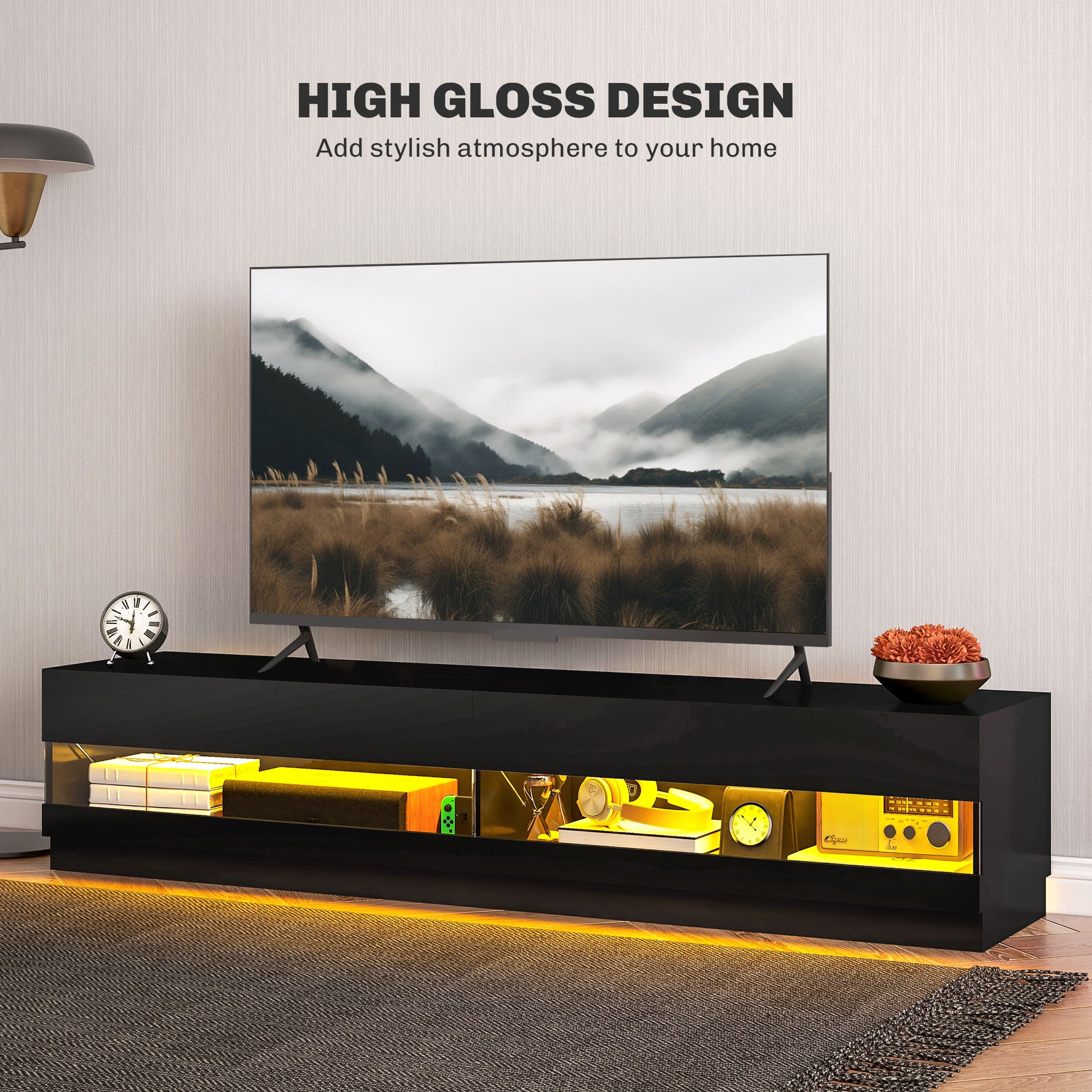 LED TV Stand for TVs up to 75" - High Gloss Black-DECOROLALA