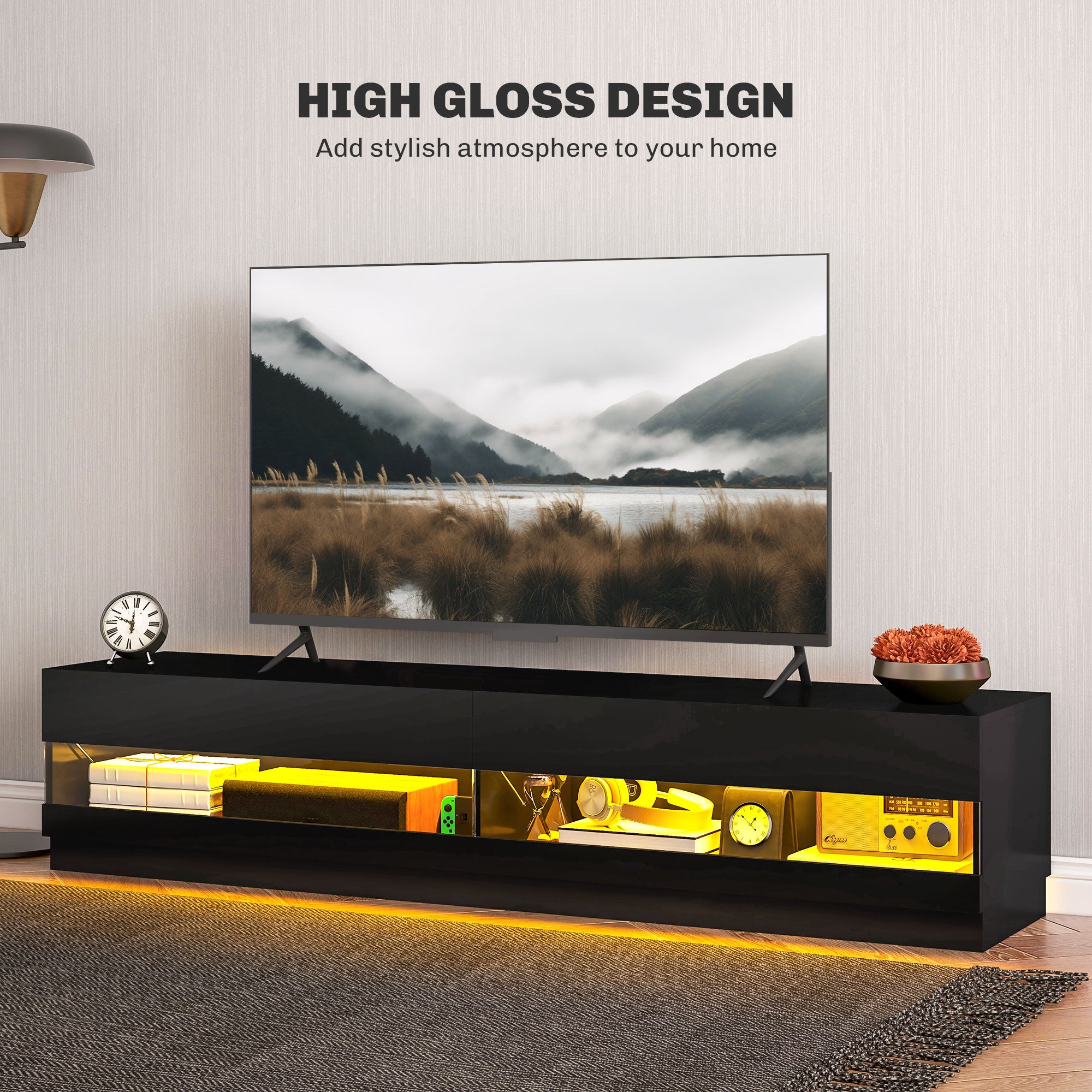 LED TV Stand for TVs up to 75" - High Gloss Black-DECOROLALA