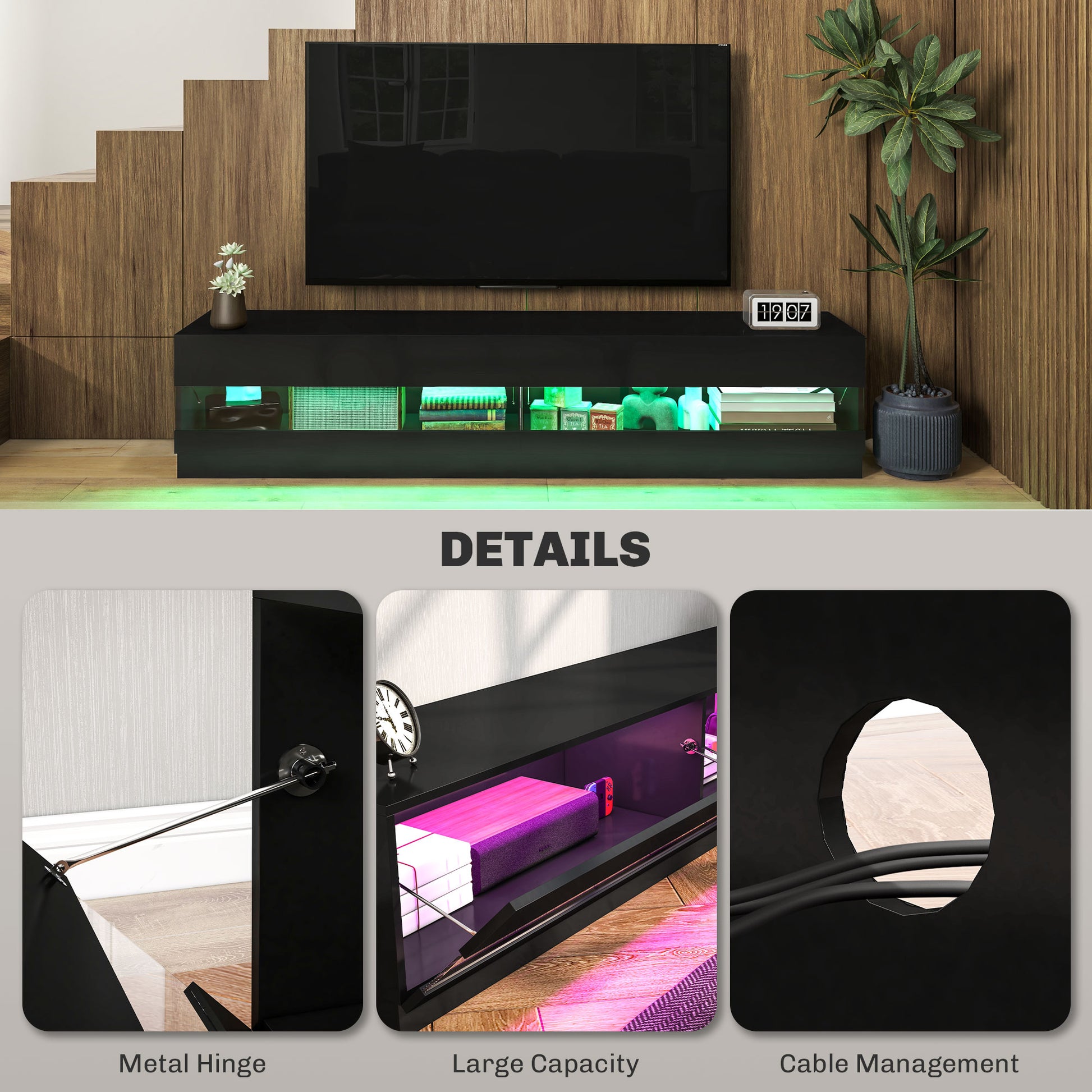 LED TV Stand for TVs up to 75" - High Gloss Black-DECOROLALA