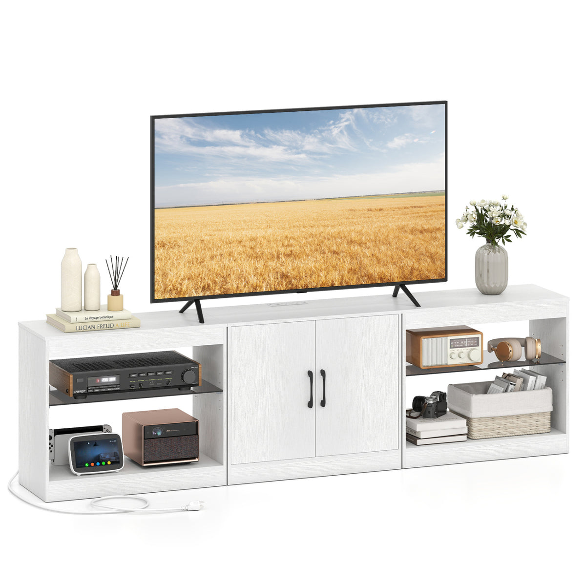 LED TV Stand for TVs up to 85" with Power Outlets - White 77"-Entertainment Centers & TV Stands-DECOROLALA
