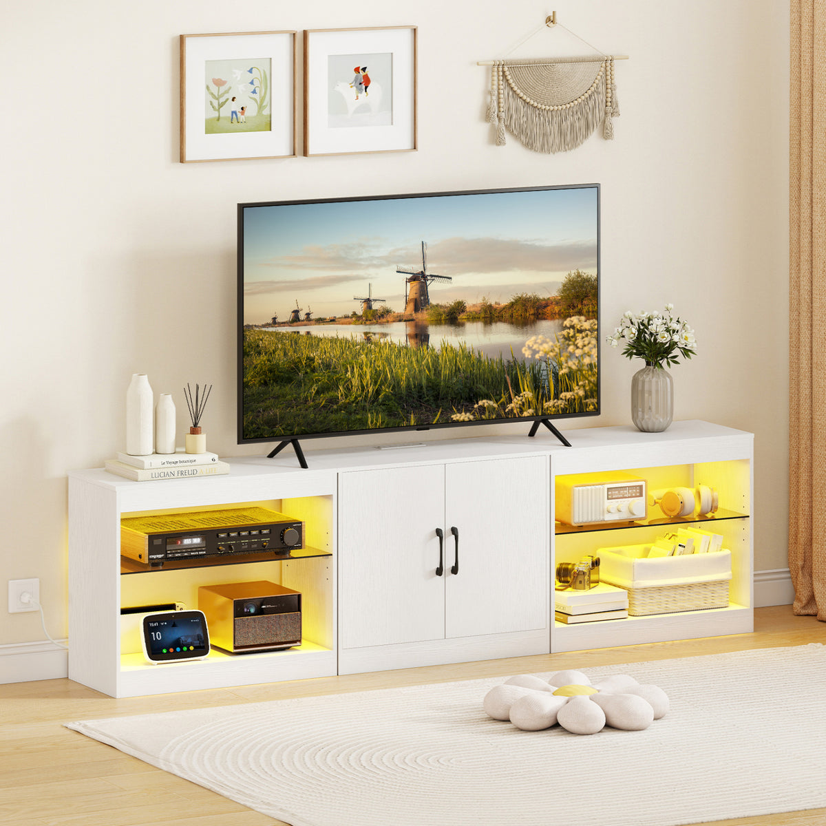 LED TV Stand for TVs up to 85" with Power Outlets - White 77"-Entertainment Centers & TV Stands-DECOROLALA