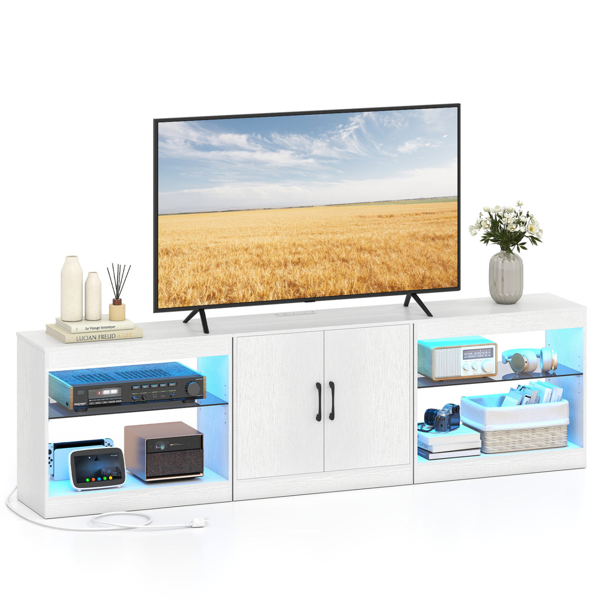 LED TV Stand for TVs up to 85" with Power Outlets - White 77"-Entertainment Centers & TV Stands-DECOROLALA