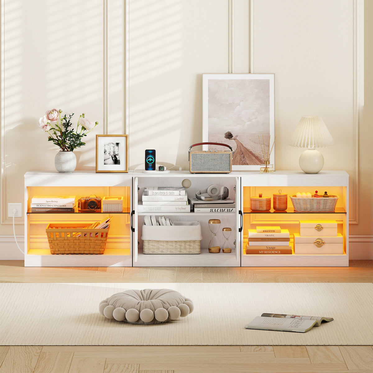 LED TV Stand for TVs up to 85" with Power Outlets - White 77"-Entertainment Centers & TV Stands-DECOROLALA