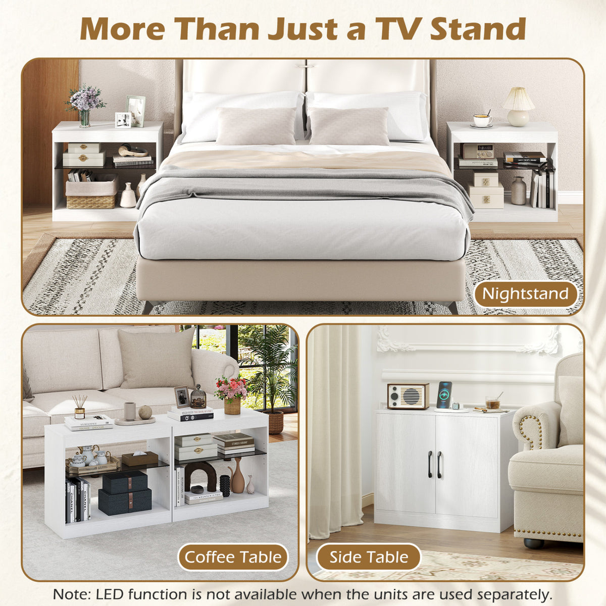 LED TV Stand for TVs up to 85" with Power Outlets - White 77"-Entertainment Centers & TV Stands-DECOROLALA