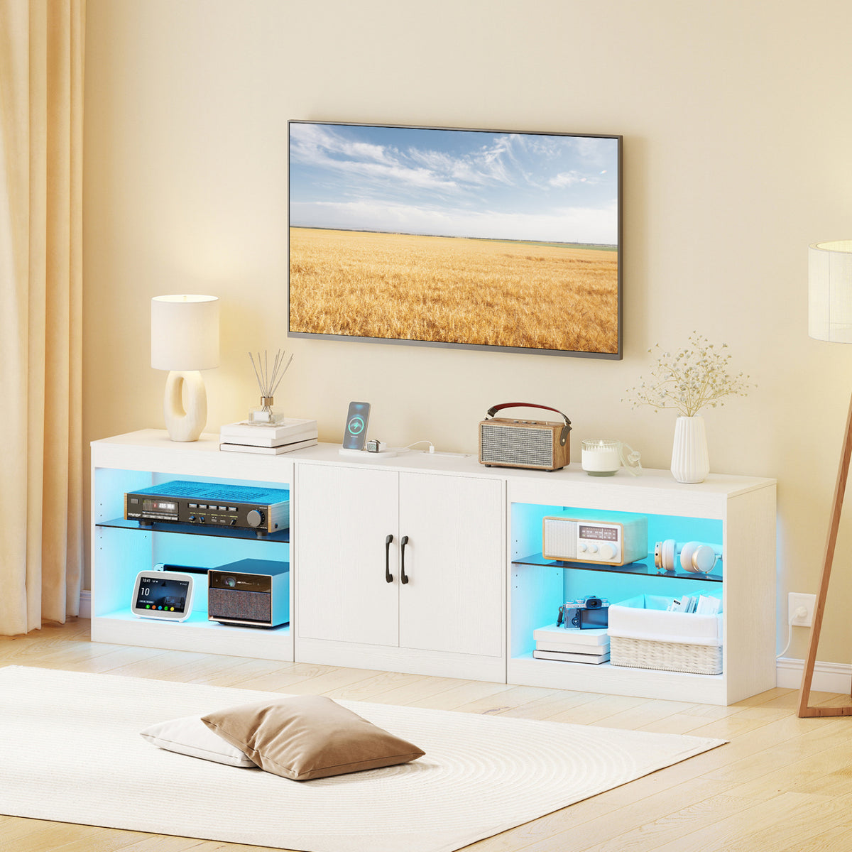 LED TV Stand for TVs up to 85" with Power Outlets - White 77"-Entertainment Centers & TV Stands-DECOROLALA