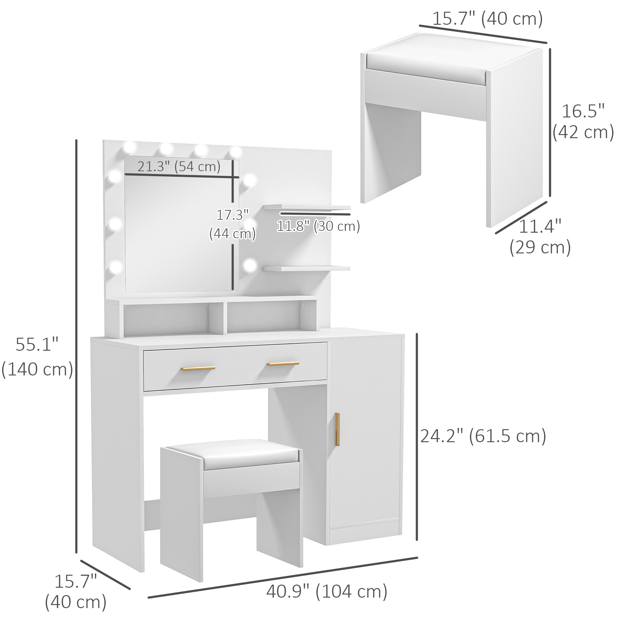 LED Vanity Table Set with Mirror, Stool and Storage - White-DECOROLALA