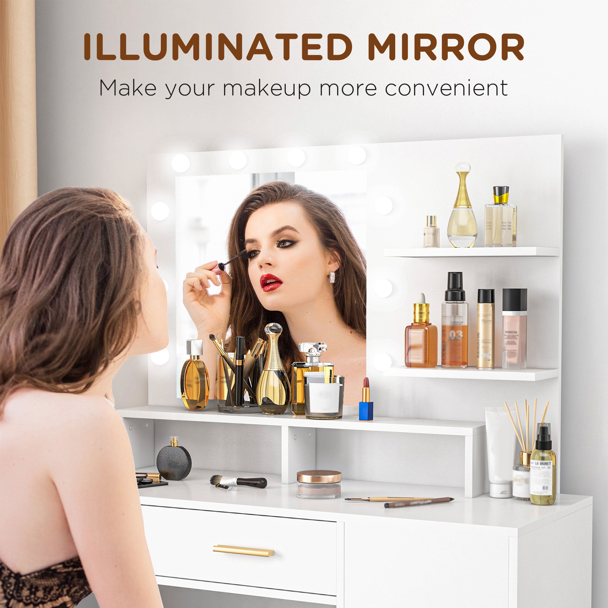 LED Vanity Table Set with Mirror, Stool and Storage - White-DECOROLALA