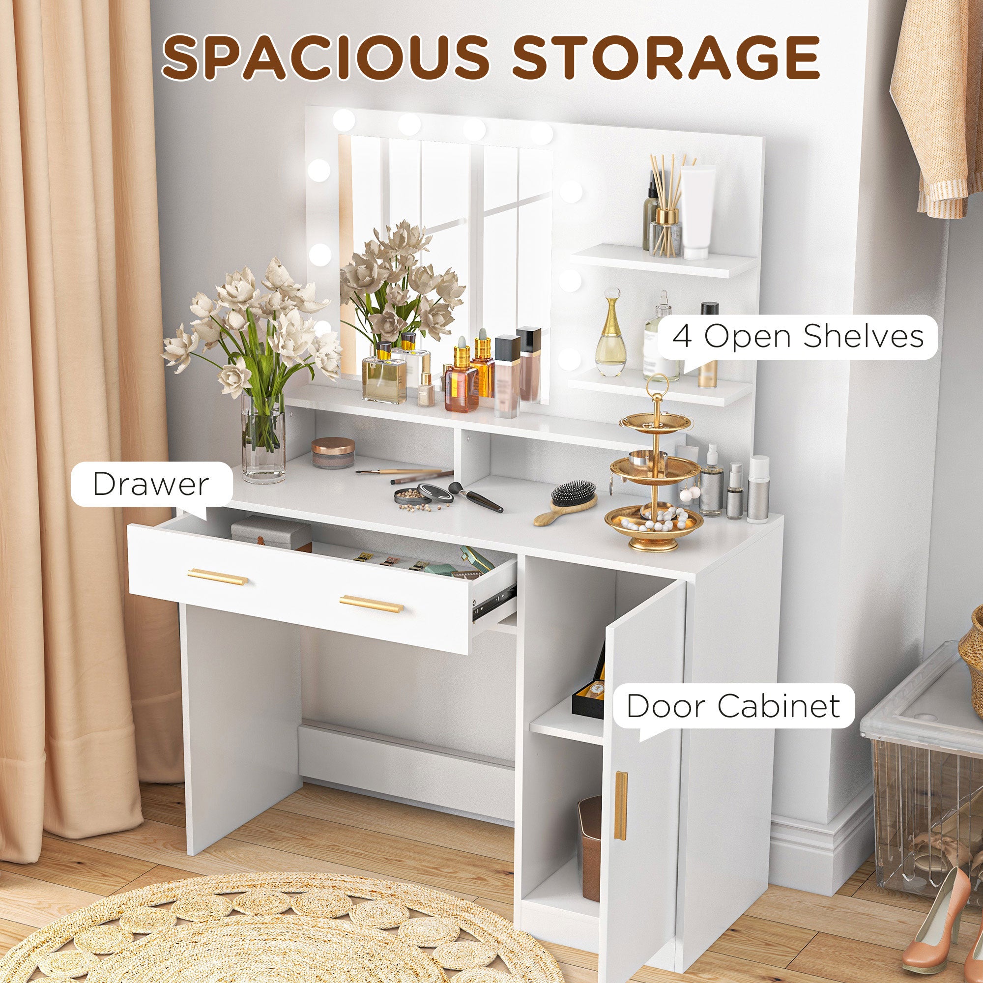 LED Vanity Table Set with Mirror, Stool and Storage - White-DECOROLALA