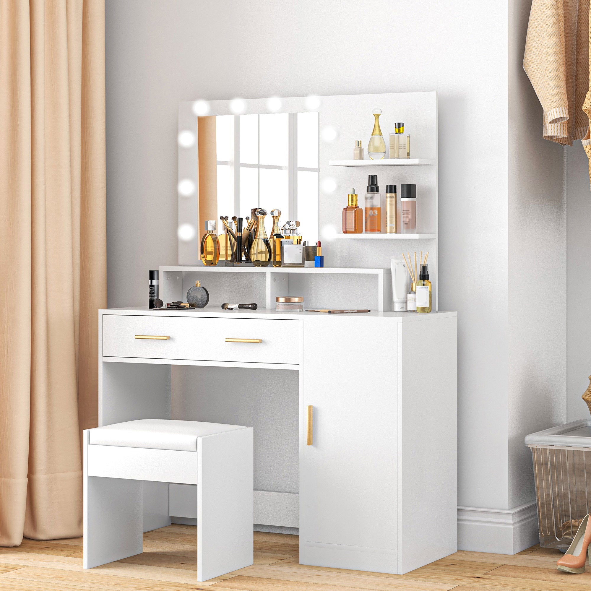 LED Vanity Table Set with Mirror, Stool and Storage - White-DECOROLALA