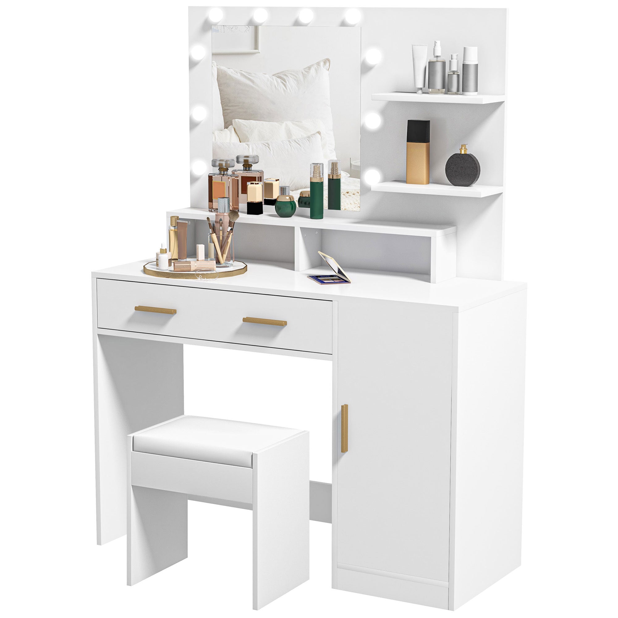 LED Vanity Table Set with Mirror, Stool and Storage - White-DECOROLALA