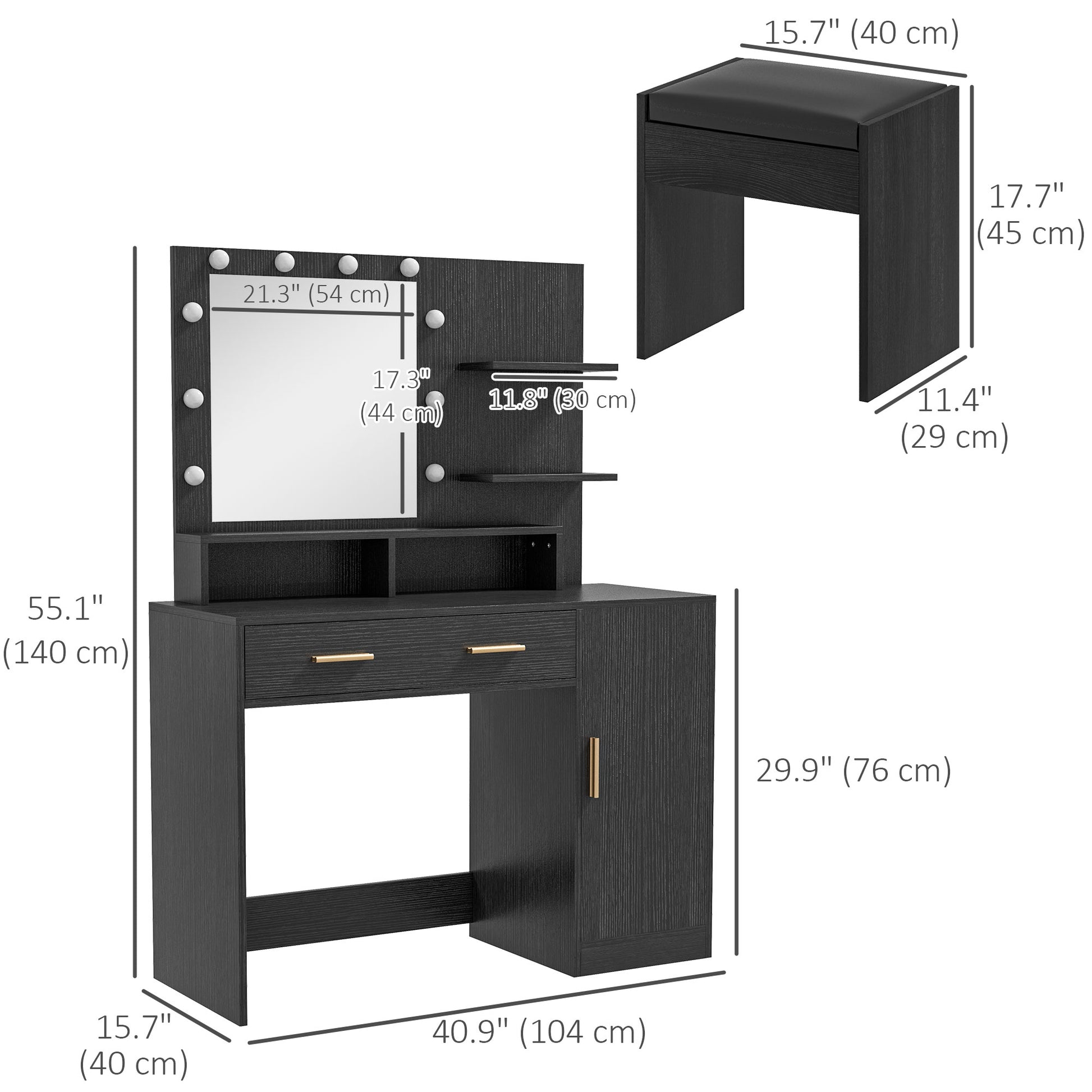 LED Vanity Table Set with Mirror and Stool - Black-DECOROLALA