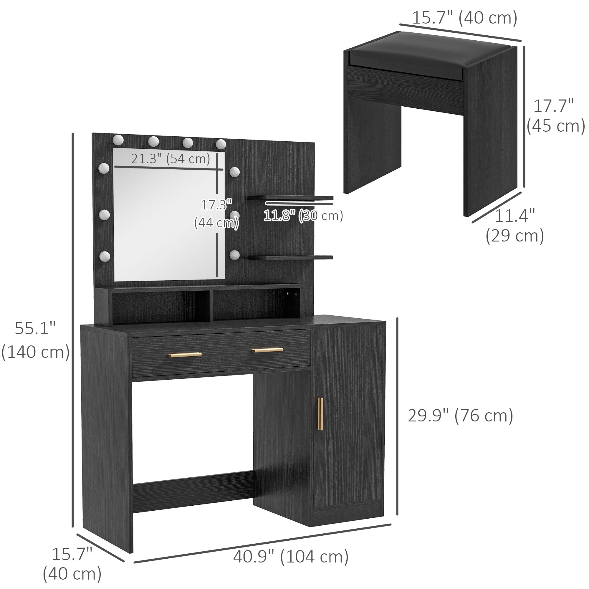 LED Vanity Table Set with Mirror and Stool - Black-DECOROLALA